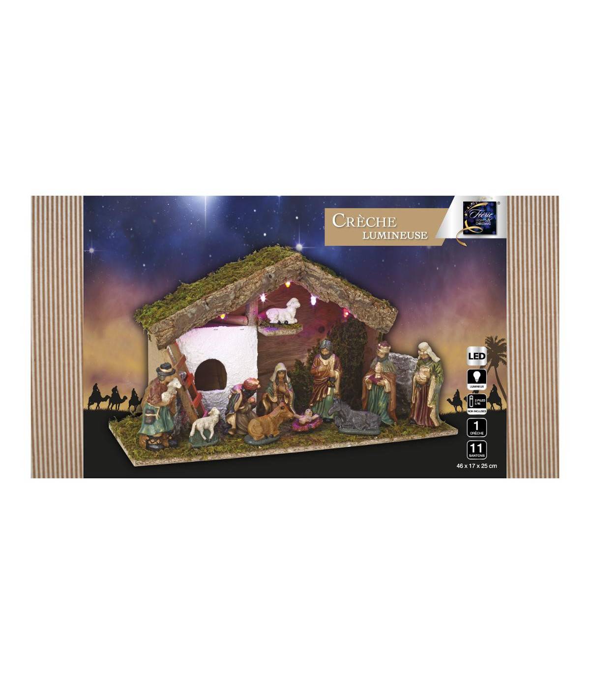 Fééric Lights & Christmas - Crèche de Noël lumineuse en Bois 5 LED et 11 Santons en Porcelaine - Image 2