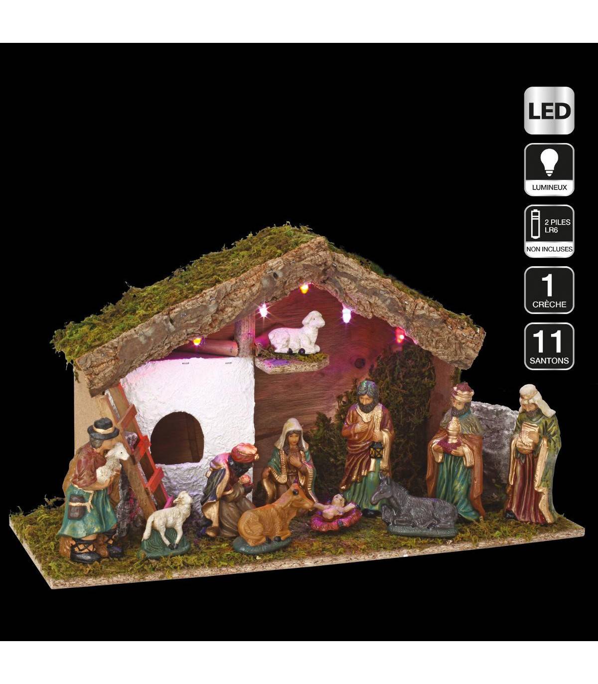 Fééric Lights & Christmas - Crèche de Noël lumineuse en Bois 5 LED et 11 Santons en Porcelaine - Image 1