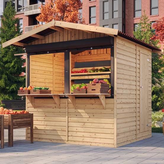 Timbela - Maison de jardin en bois H232x253x263 cm / 4 m² - Étal de marché en bois avec comptoir - Bar jardin - 17 mm d’épaisseur - Timbela M149Z - Image 1