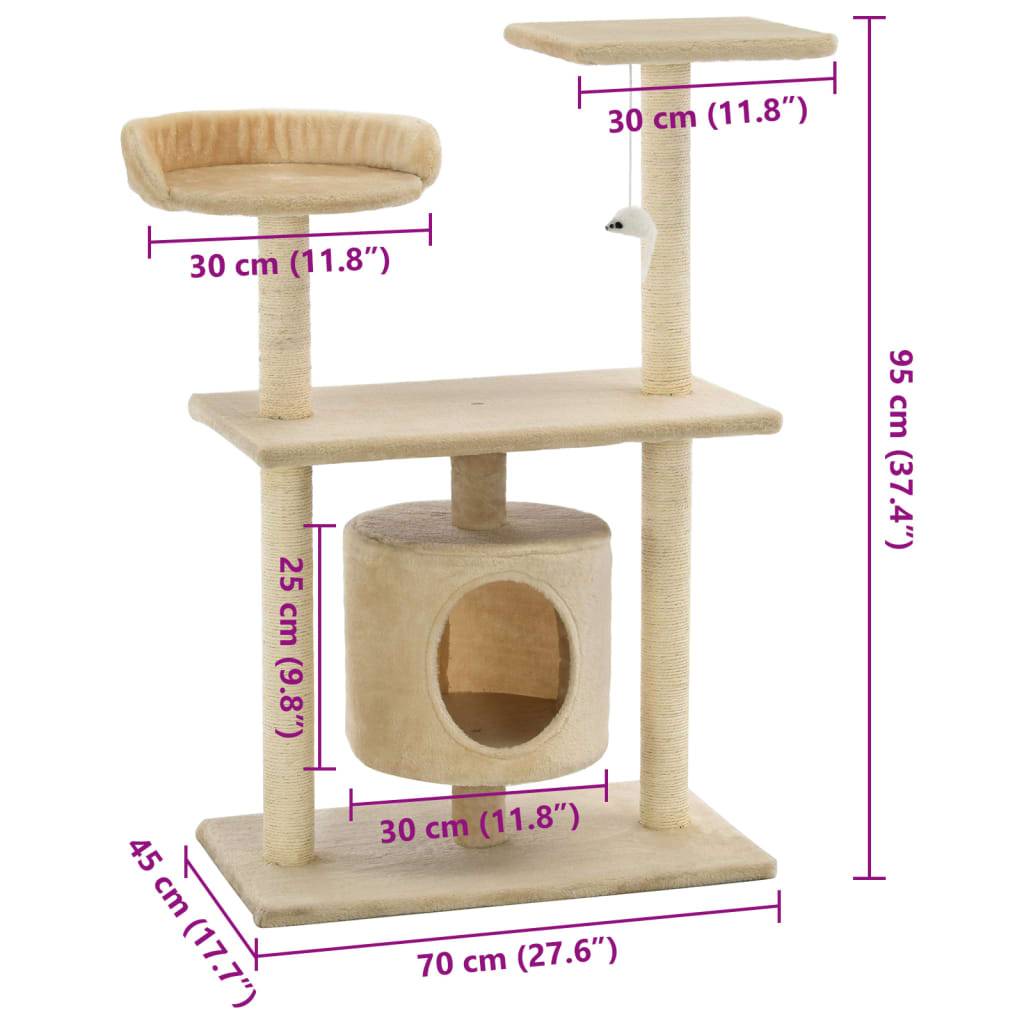 Arbre à chat bois et sisal beige 70 x 45 x 95 cm - PANGIVO - Image 8