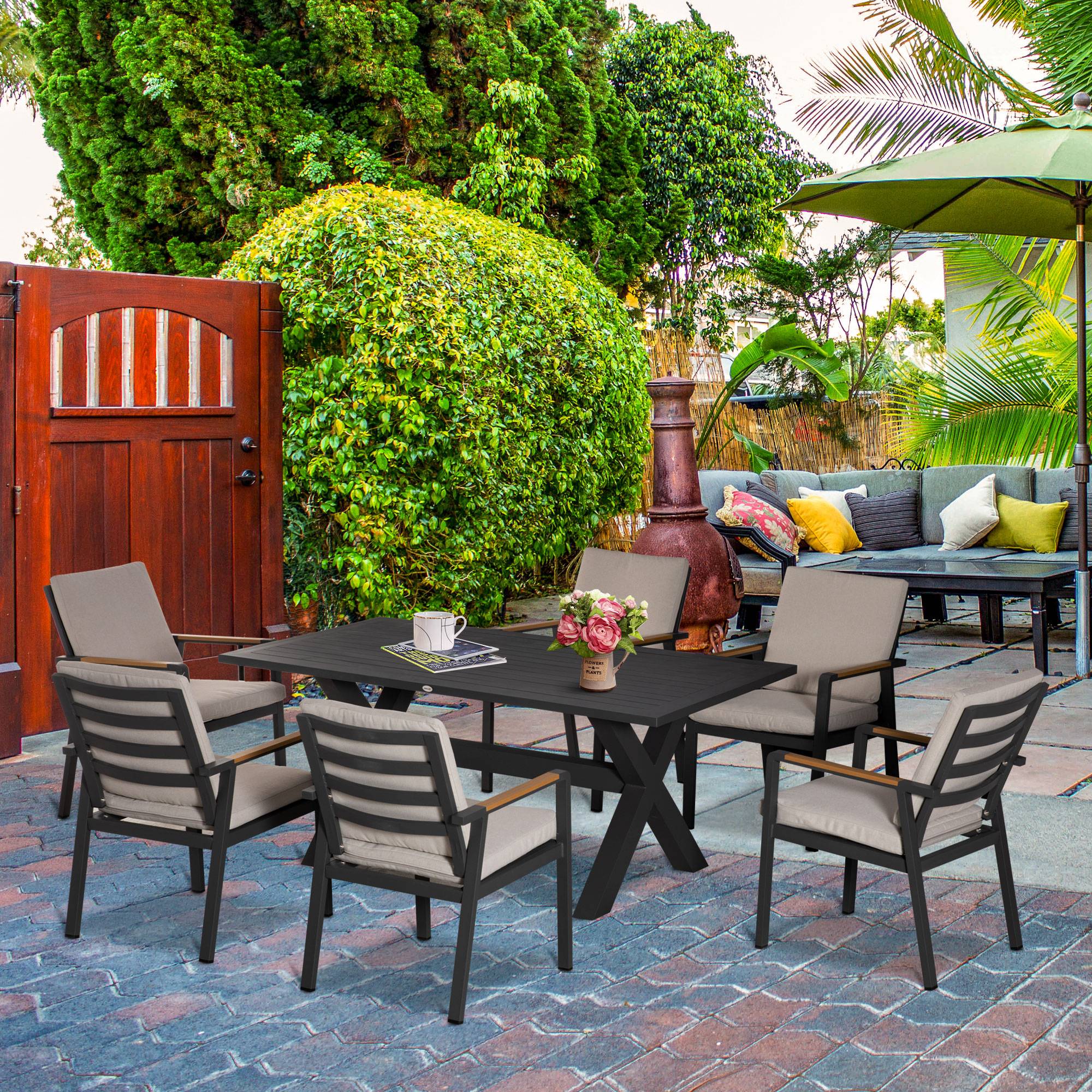 Ensemble de mobilier de jardin pour 6 personnes, 6 chaises, 1 table, résistant aux intempéries, 175 cm x 92 cm x 73 cm, noir et gris - Image 3