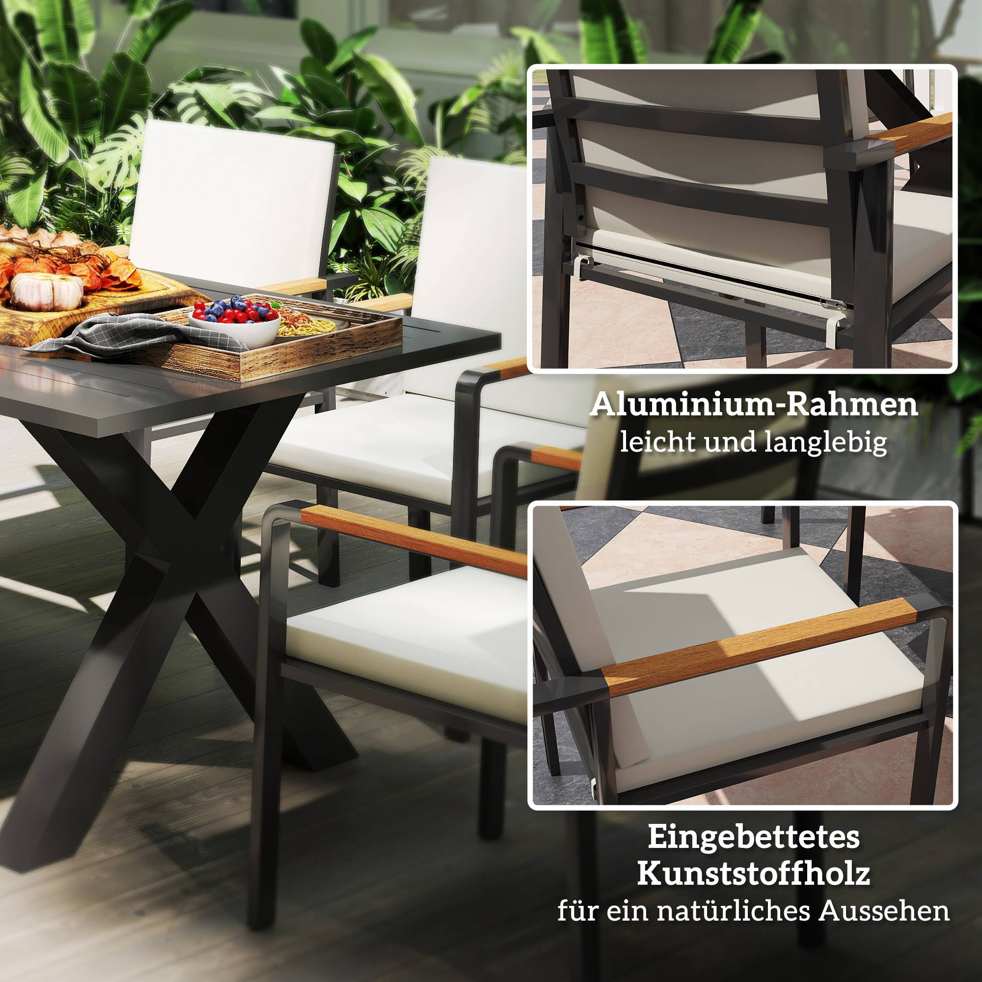 Ensemble de mobilier de jardin pour 6 personnes, 6 chaises, 1 table, résistant aux intempéries, 175 cm x 92 cm x 73 cm, noir et gris - Image 7