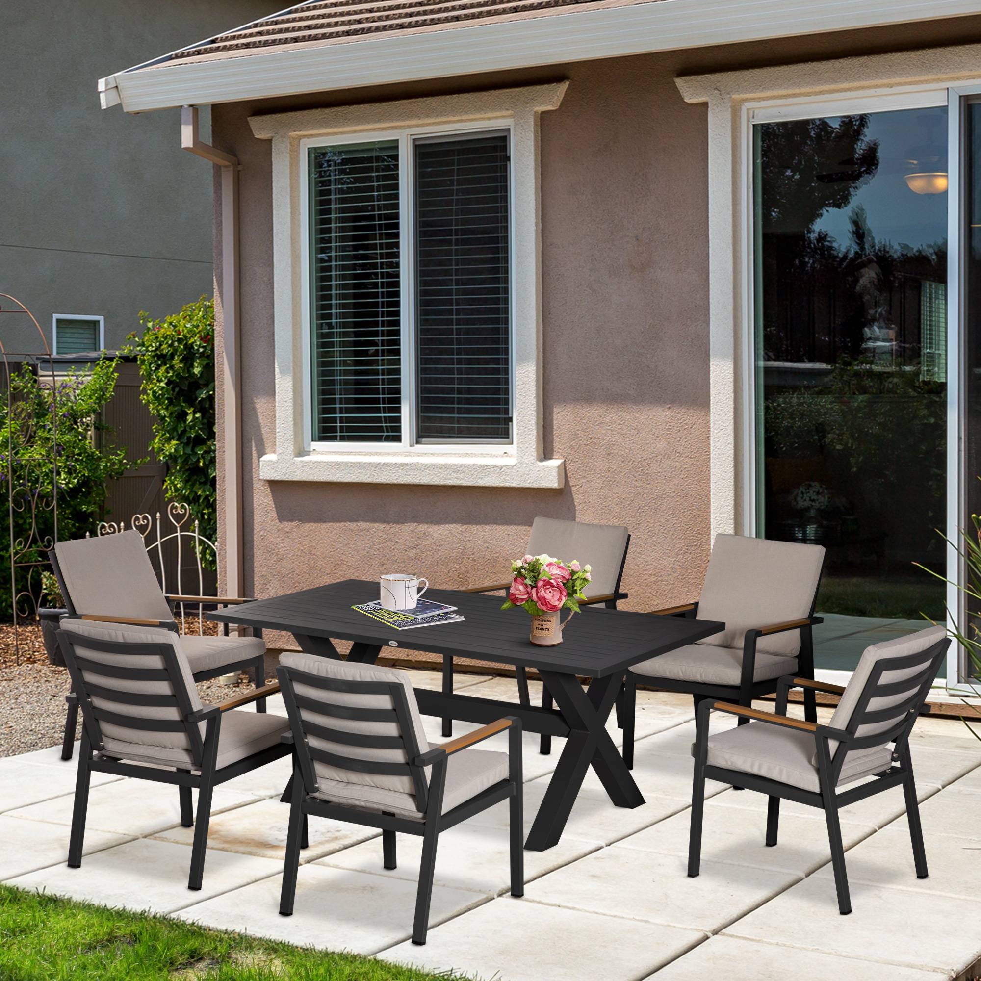 Ensemble de mobilier de jardin pour 6 personnes, 6 chaises, 1 table, résistant aux intempéries, 175 cm x 92 cm x 73 cm, noir et gris - Image 4