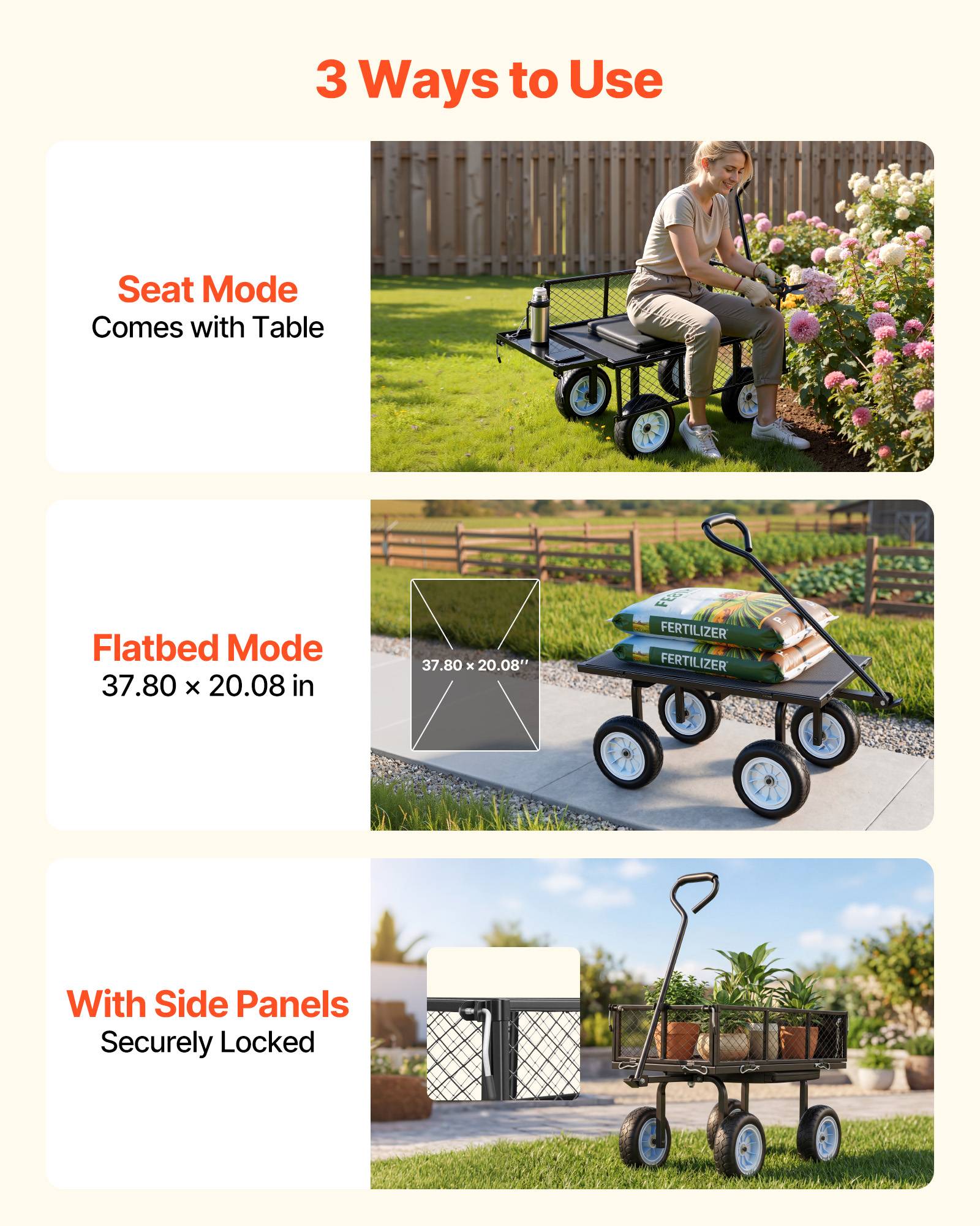 Vevor - VEVOR Chariot de jardin 2-en-1 acier, siège intégré, 226,8 kg, ridelles amovibles, pneus PU 25,4 cm - Image 7
