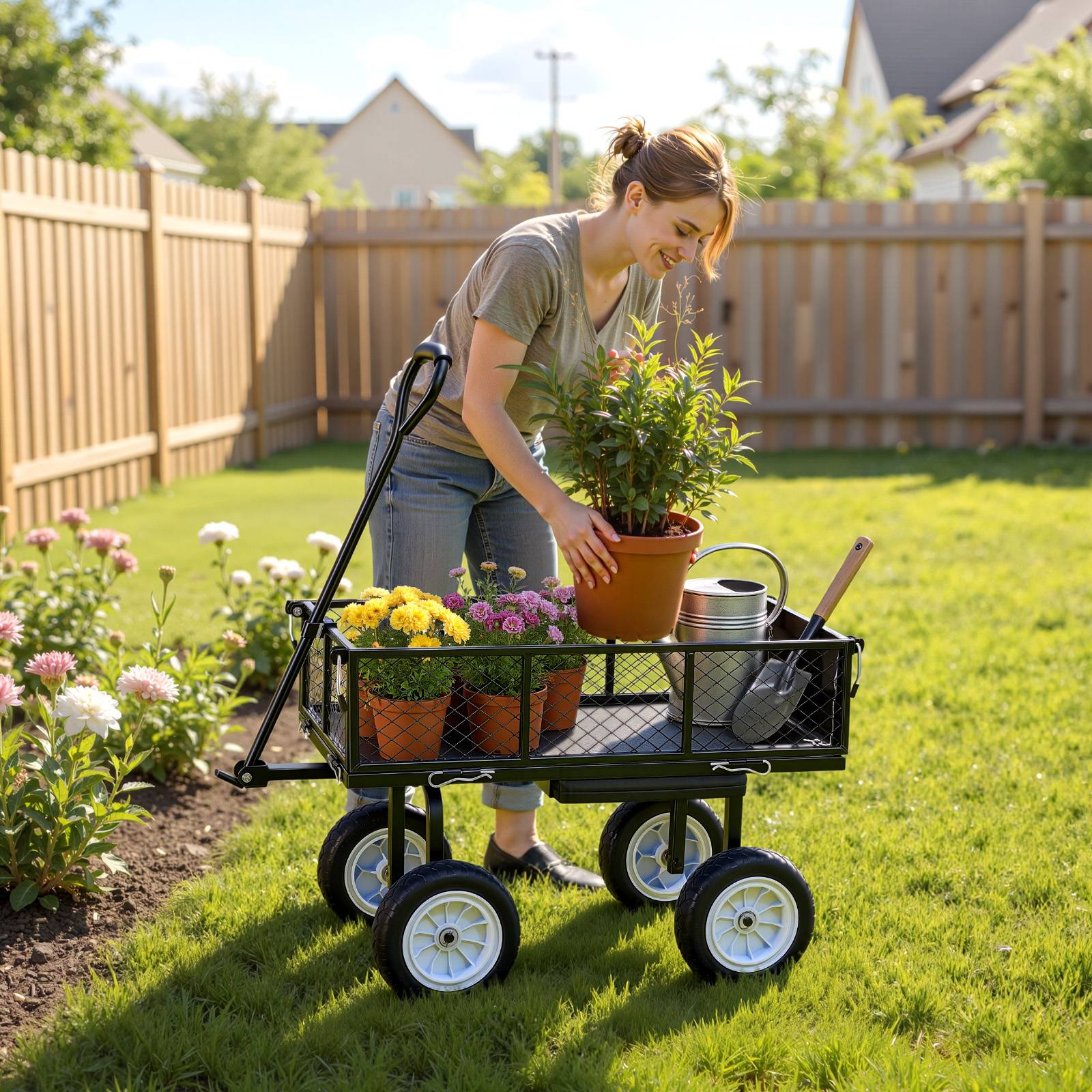 Vevor - VEVOR Chariot de jardin 2-en-1 acier, siège intégré, 226,8 kg, ridelles amovibles, pneus PU 25,4 cm - Image 8