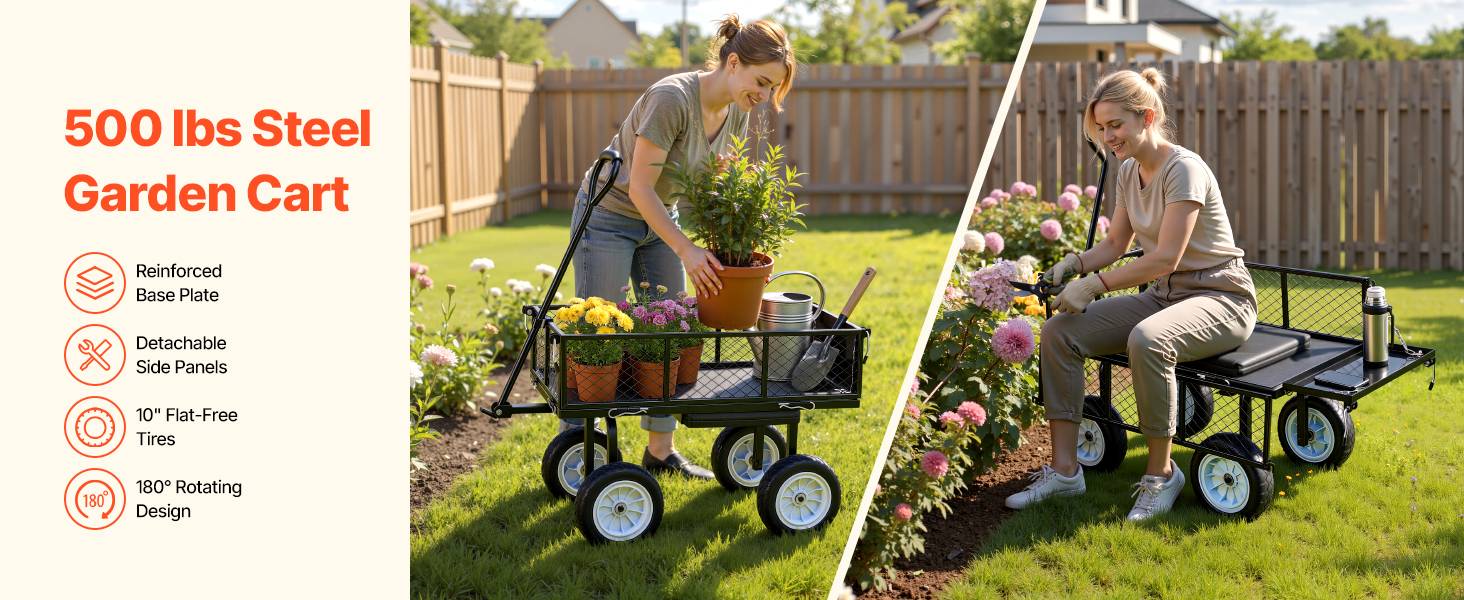 Vevor - VEVOR Chariot de jardin 2-en-1 acier, siège intégré, 226,8 kg, ridelles amovibles, pneus PU 25,4 cm - Image 9