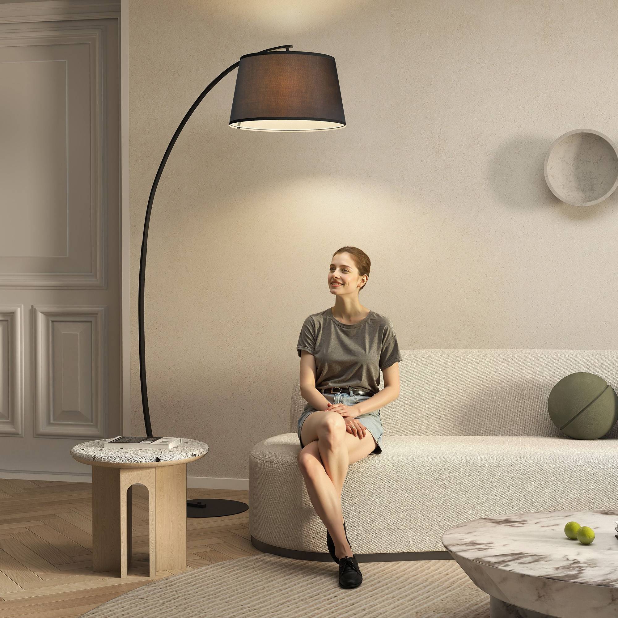 Lampadaire incurvé avec abat-jour en tissu, base ronde, métal, 105 cm (L) x 47 cm (l) x 190 cm (H), noir - Image 10