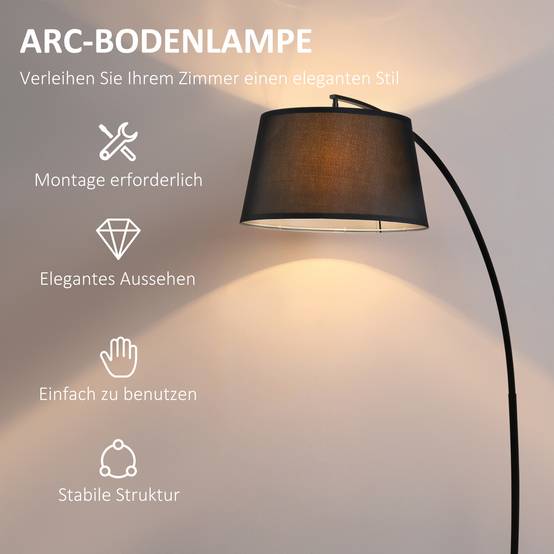 Lampadaire incurvé avec abat-jour en tissu, base ronde, métal, 105 cm (L) x 47 cm (l) x 190 cm (H), noir - Image 6