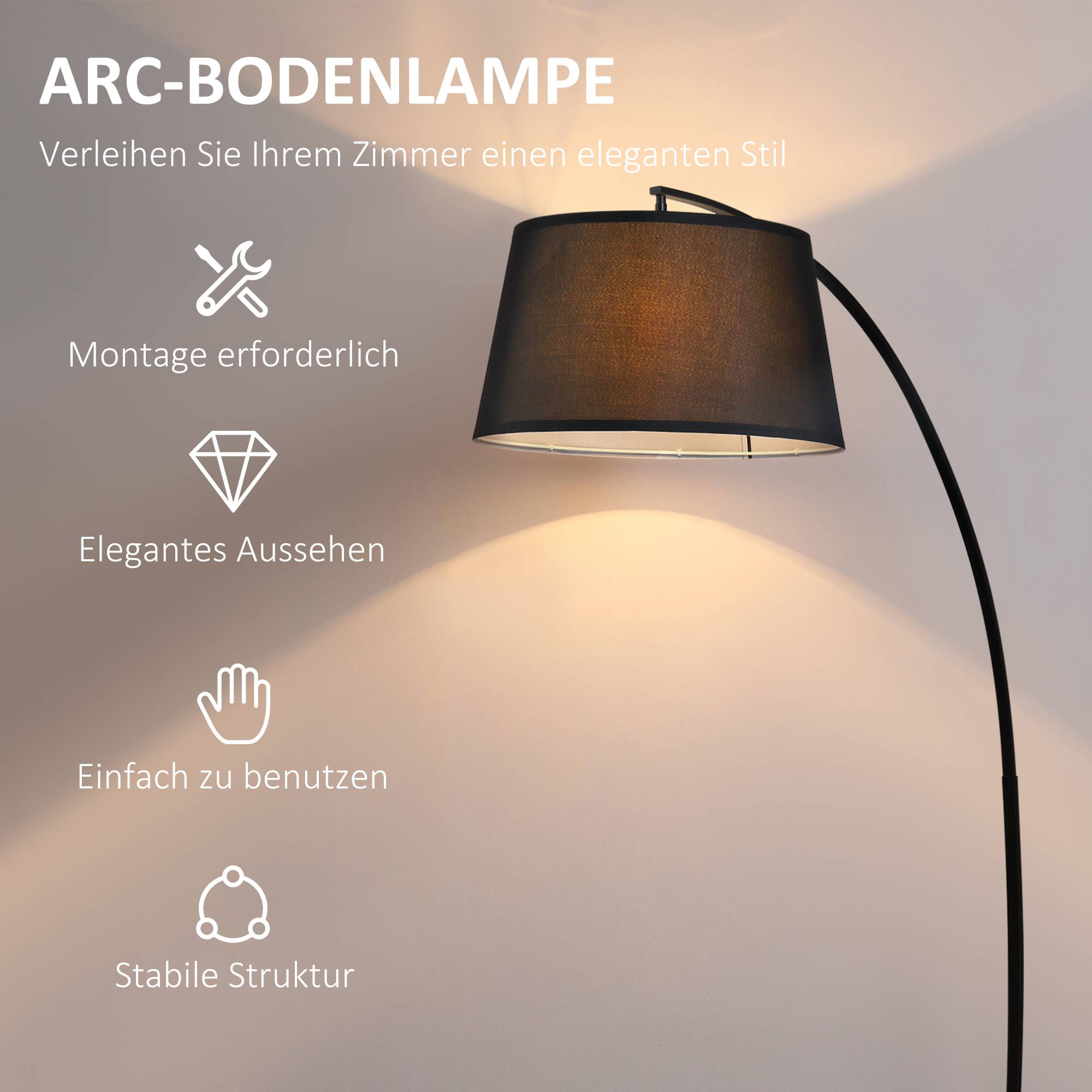 Lampadaire incurvé avec abat-jour en tissu, base ronde, métal, 105 cm (L) x 47 cm (l) x 190 cm (H), noir - Image 6
