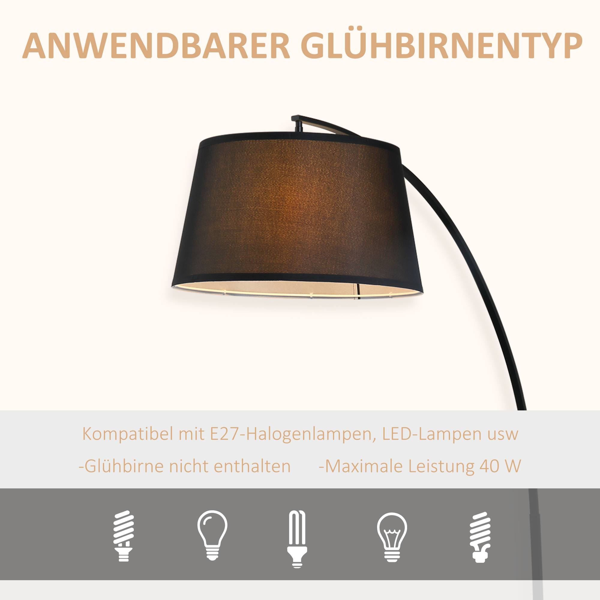 Lampadaire incurvé avec abat-jour en tissu, base ronde, métal, 105 cm (L) x 47 cm (l) x 190 cm (H), noir - Image 8