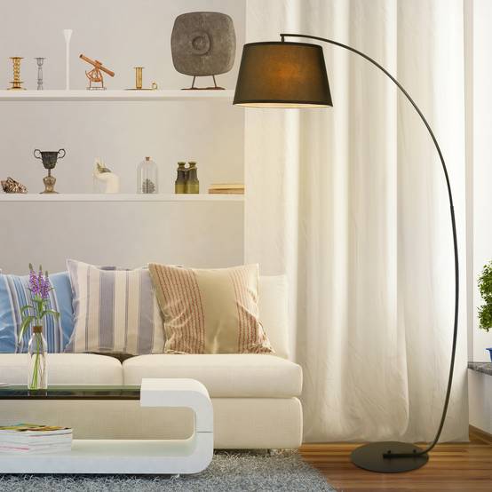 Lampadaire incurvé avec abat-jour en tissu, base ronde, métal, 105 cm (L) x 47 cm (l) x 190 cm (H), noir - Image 9