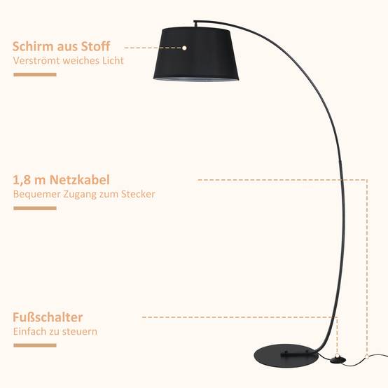 Lampadaire incurvé avec abat-jour en tissu, base ronde, métal, 105 cm (L) x 47 cm (l) x 190 cm (H), noir - Image 7