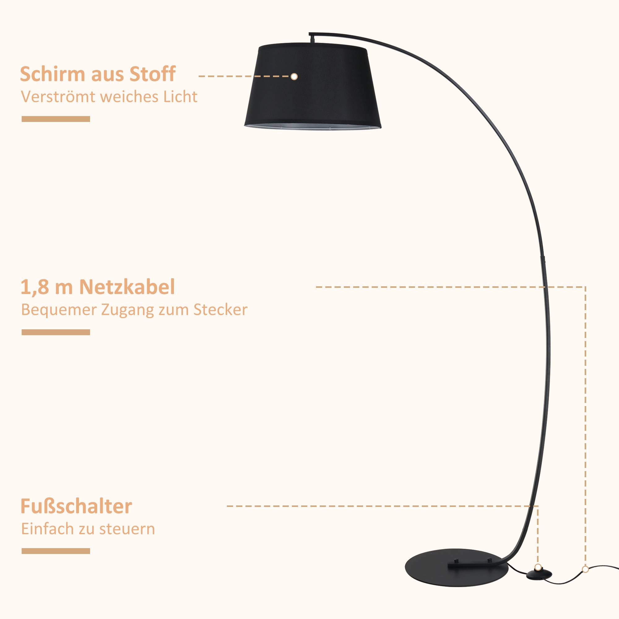 Lampadaire incurvé avec abat-jour en tissu, base ronde, métal, 105 cm (L) x 47 cm (l) x 190 cm (H), noir - Image 7