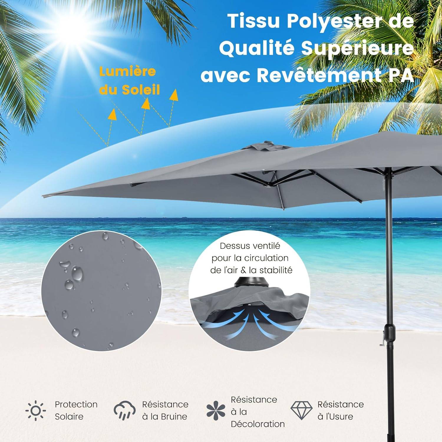 Parasol de Jardin Extérieur 426 x 260 CM XXL, Parasol Terrasse à 10 côtes Cadre Métal Poignée Manivelle Sommet Ventilé Gris - Image 6