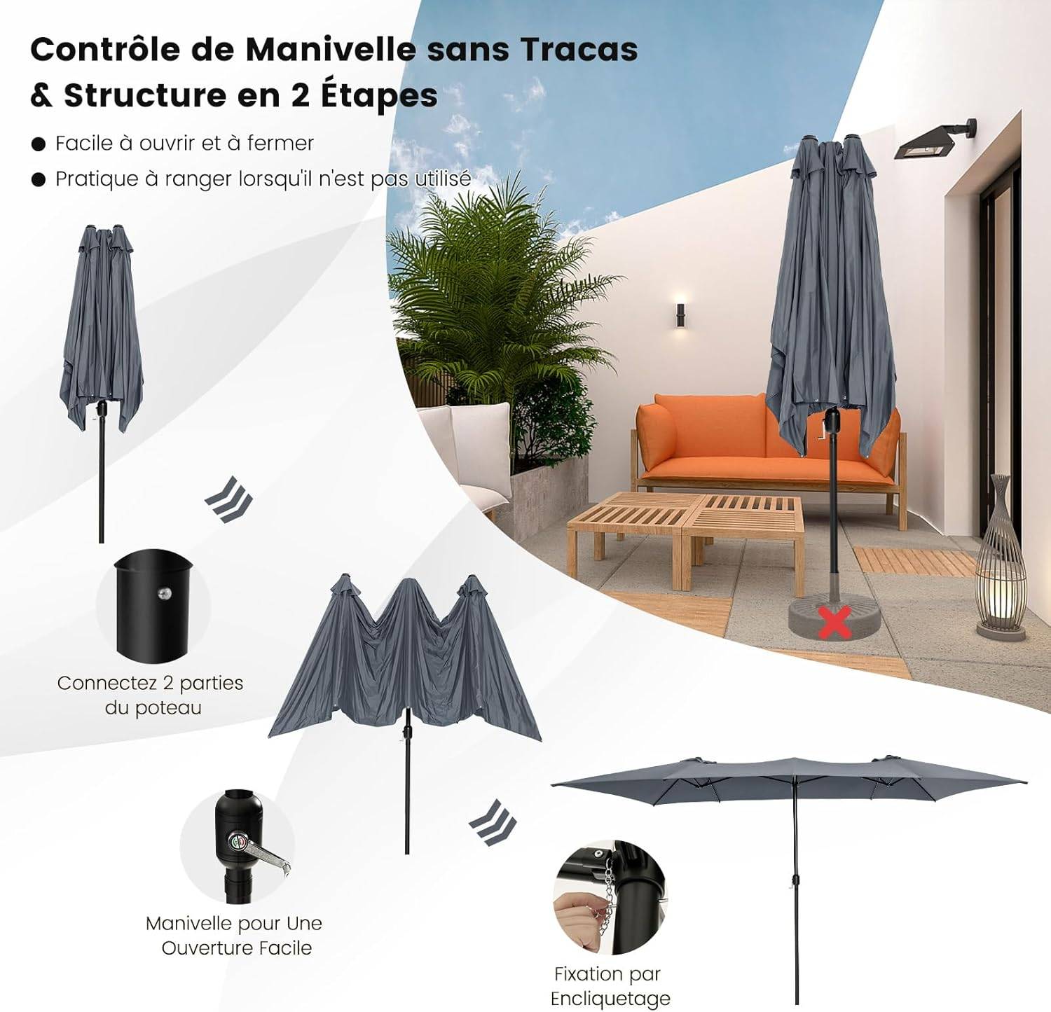 Parasol de Jardin Extérieur 426 x 260 CM XXL, Parasol Terrasse à 10 côtes Cadre Métal Poignée Manivelle Sommet Ventilé Gris - Image 8