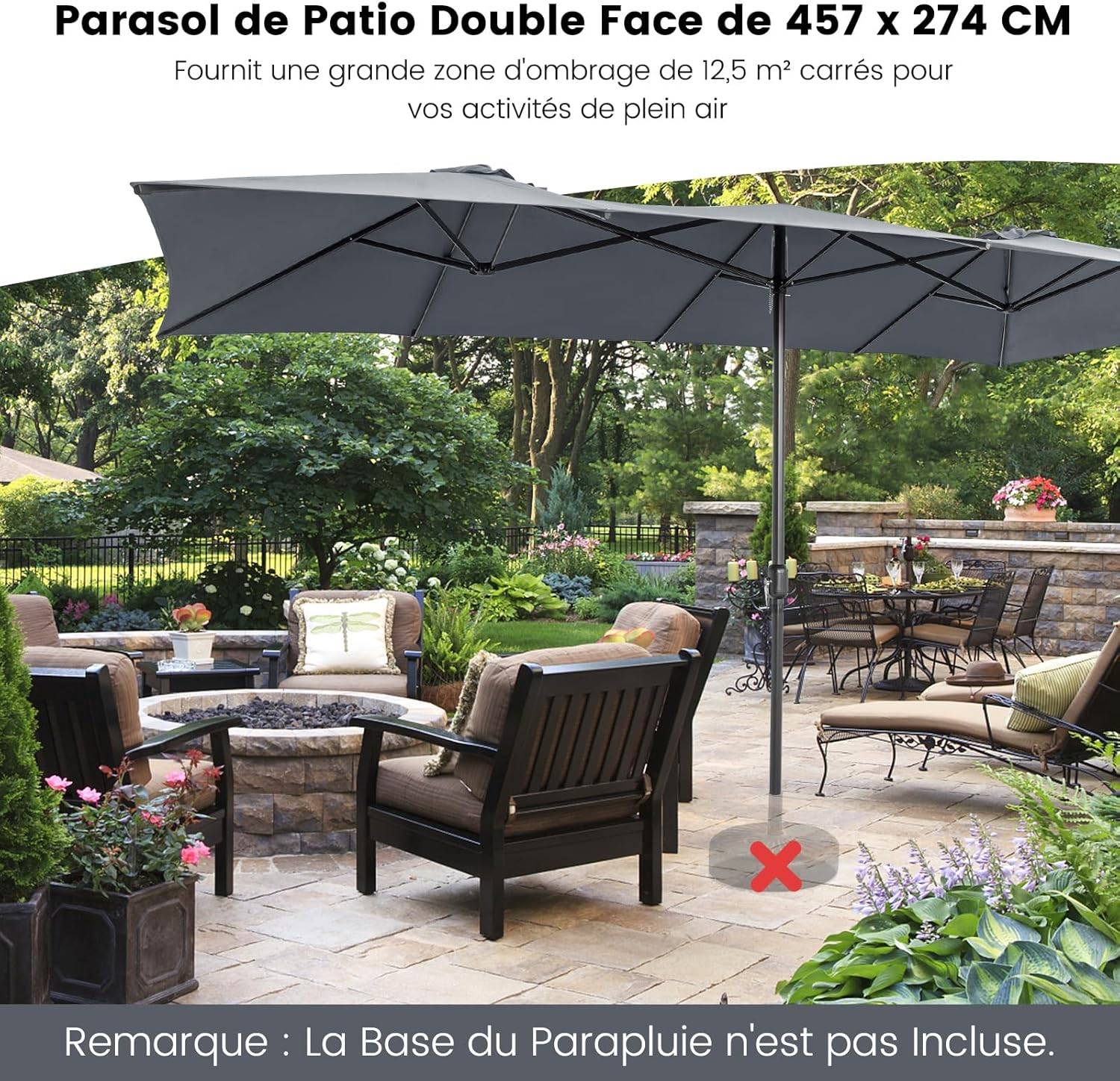 Parasol de Jardin Extérieur 426 x 260 CM XXL, Parasol Terrasse à 10 côtes Cadre Métal Poignée Manivelle Sommet Ventilé Gris - Image 7