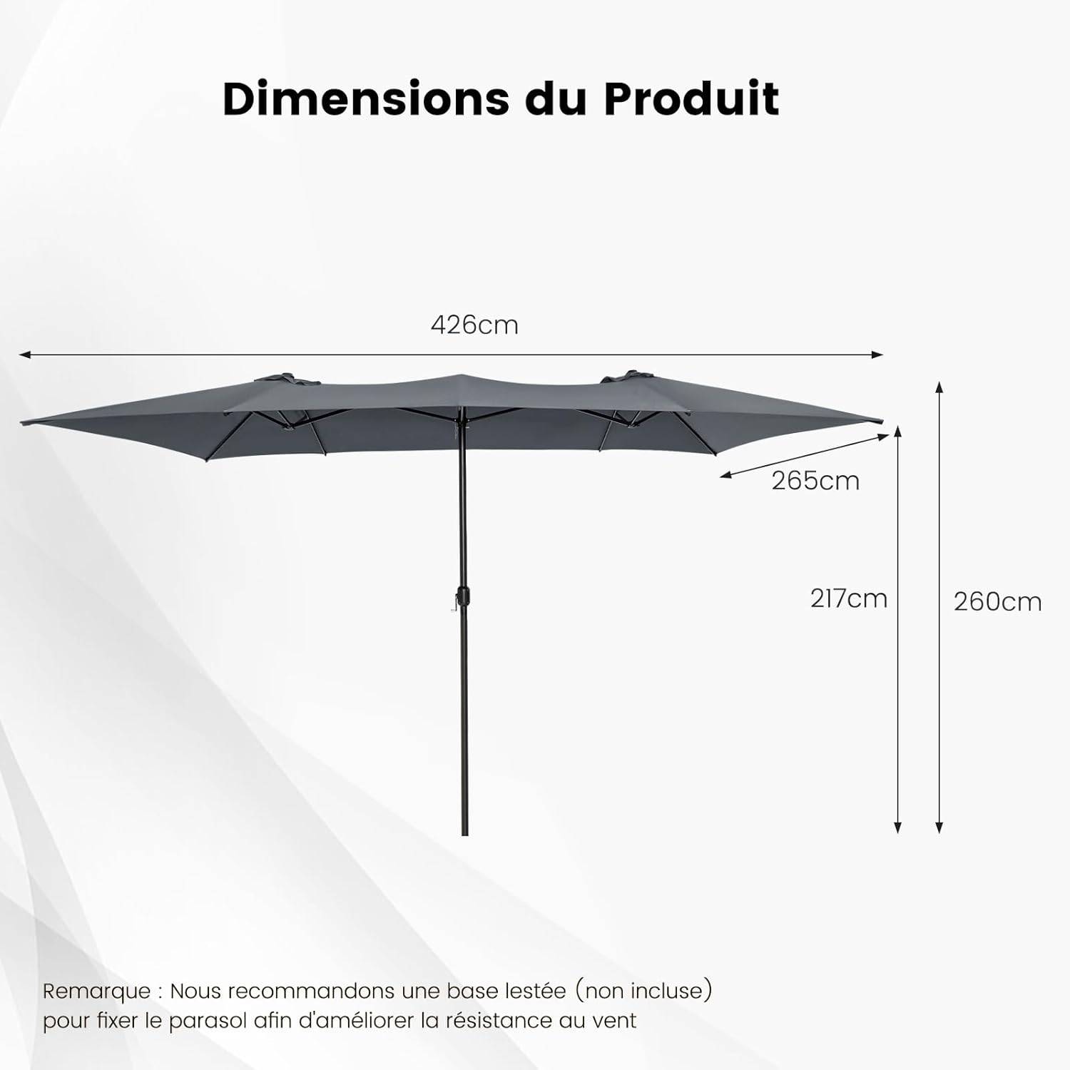 Parasol de Jardin Extérieur 426 x 260 CM XXL, Parasol Terrasse à 10 côtes Cadre Métal Poignée Manivelle Sommet Ventilé Gris - Image 3