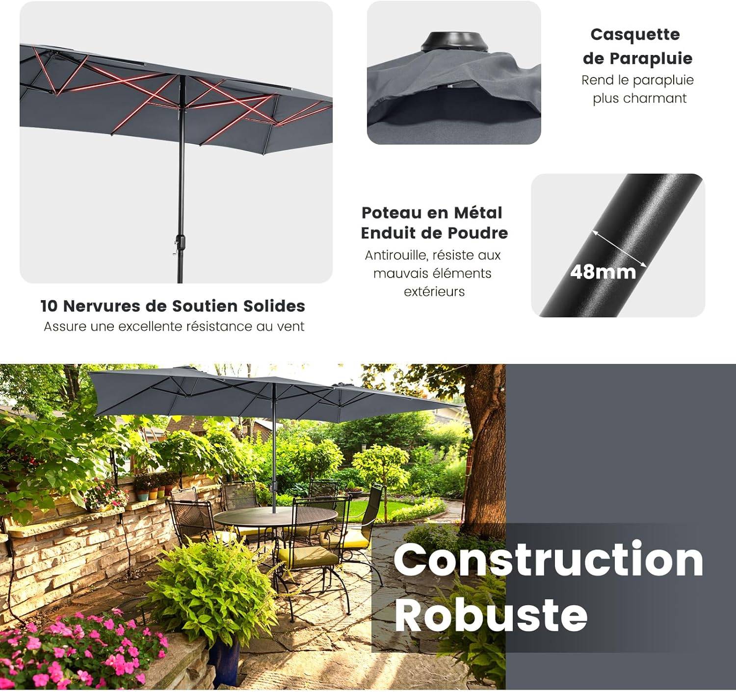 Parasol de Jardin Extérieur 426 x 260 CM XXL, Parasol Terrasse à 10 côtes Cadre Métal Poignée Manivelle Sommet Ventilé Gris - Image 9