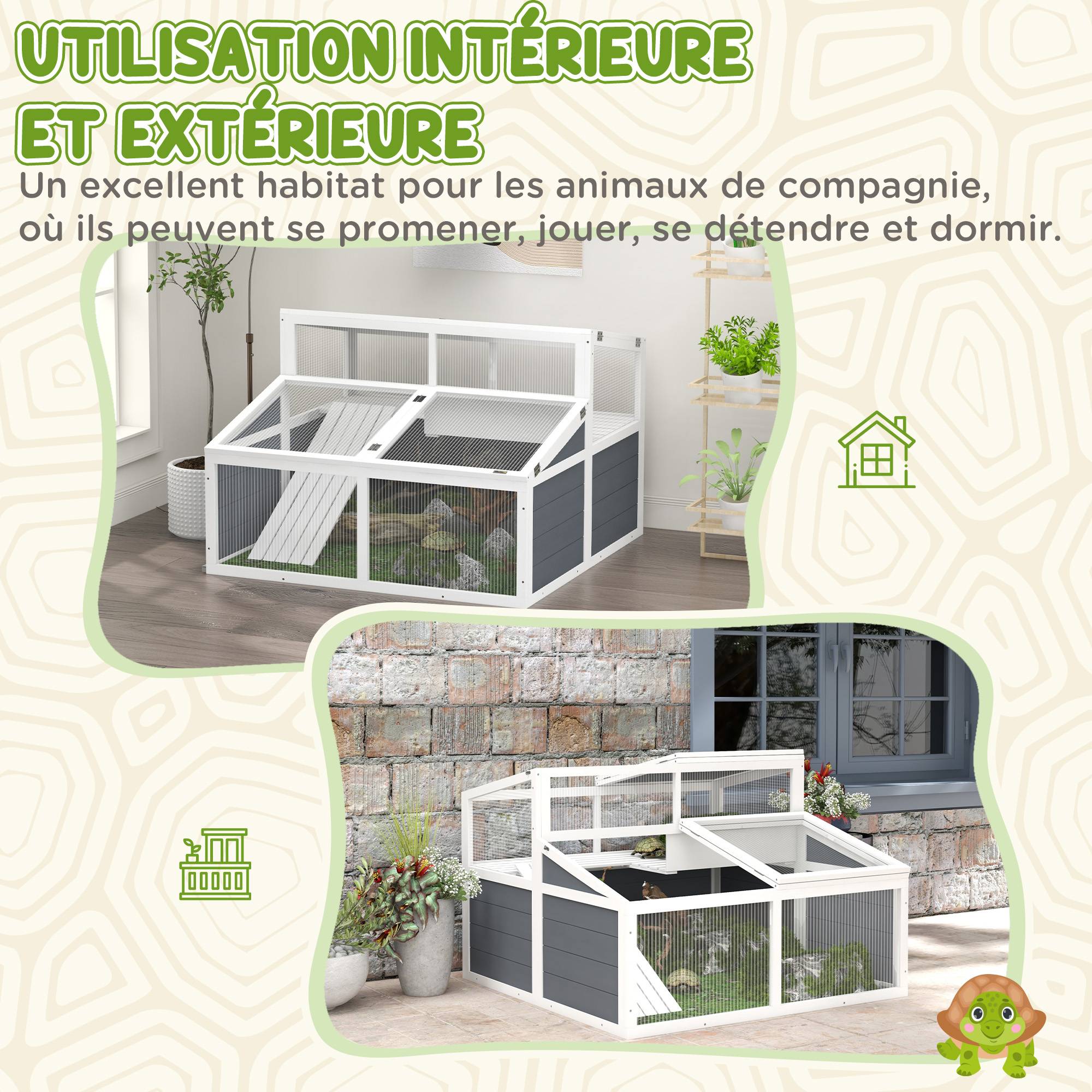 Sans Marque - Maison enclos cage pour petit animal tortue avec 2 espaces toit en polycarbonate 3 portes rampe 115 x 115 x 82 cm gris - Image 8