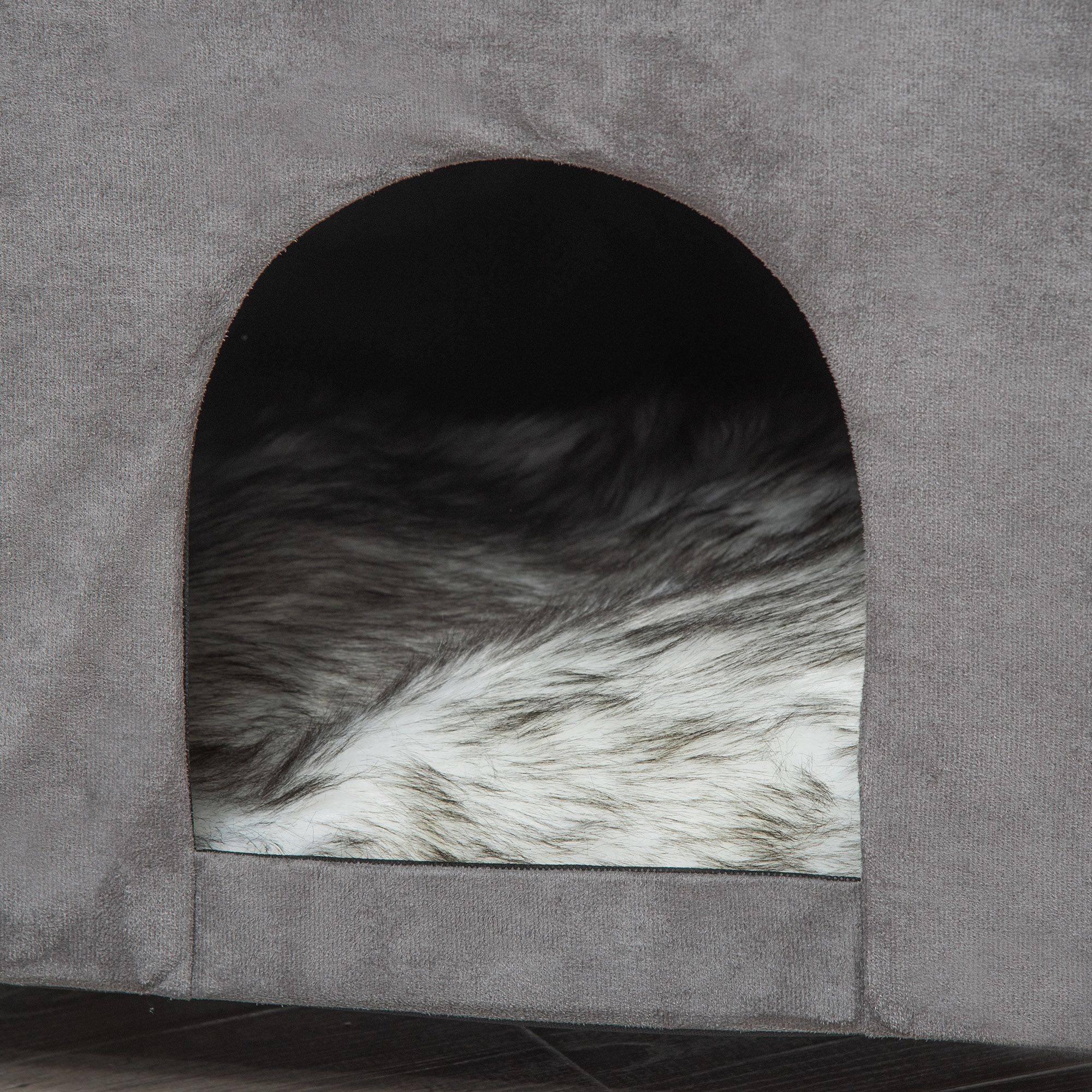 Pouf Niche pour Chat 2 en 1 en Tissu Gris Repose-pieds avec Coussin Lavable et Pieds en Bois - ComfortXL Outdoor Living - Image 10