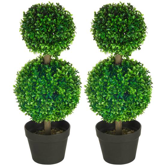Lot de 2 buis artificiels double boules PE décoration bucolique 60cm vert - ComfortXL Outdoor Living - Image 2