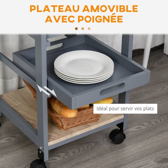 Chariot de service desserte de cuisine à roulettes panier + 2 plateaux amovibles, tiroir, étagère en bois chêne clair - Image 7