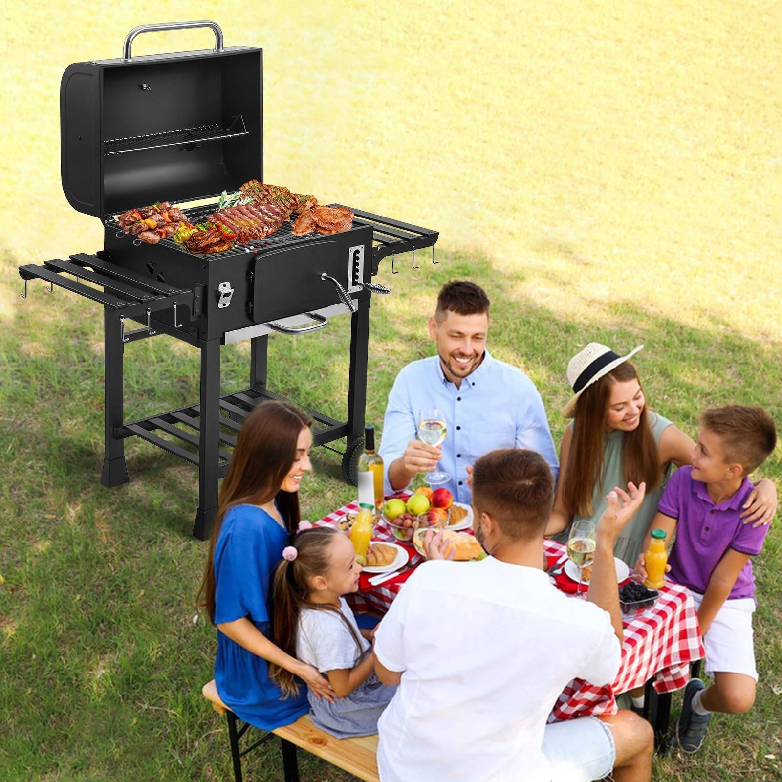 Barbecue Au Charbon De Bois XXL Avec Couvercle - Grande Surface De Cuisson, Chariot Réglable En Hauteur Et Thermomètre Intégré