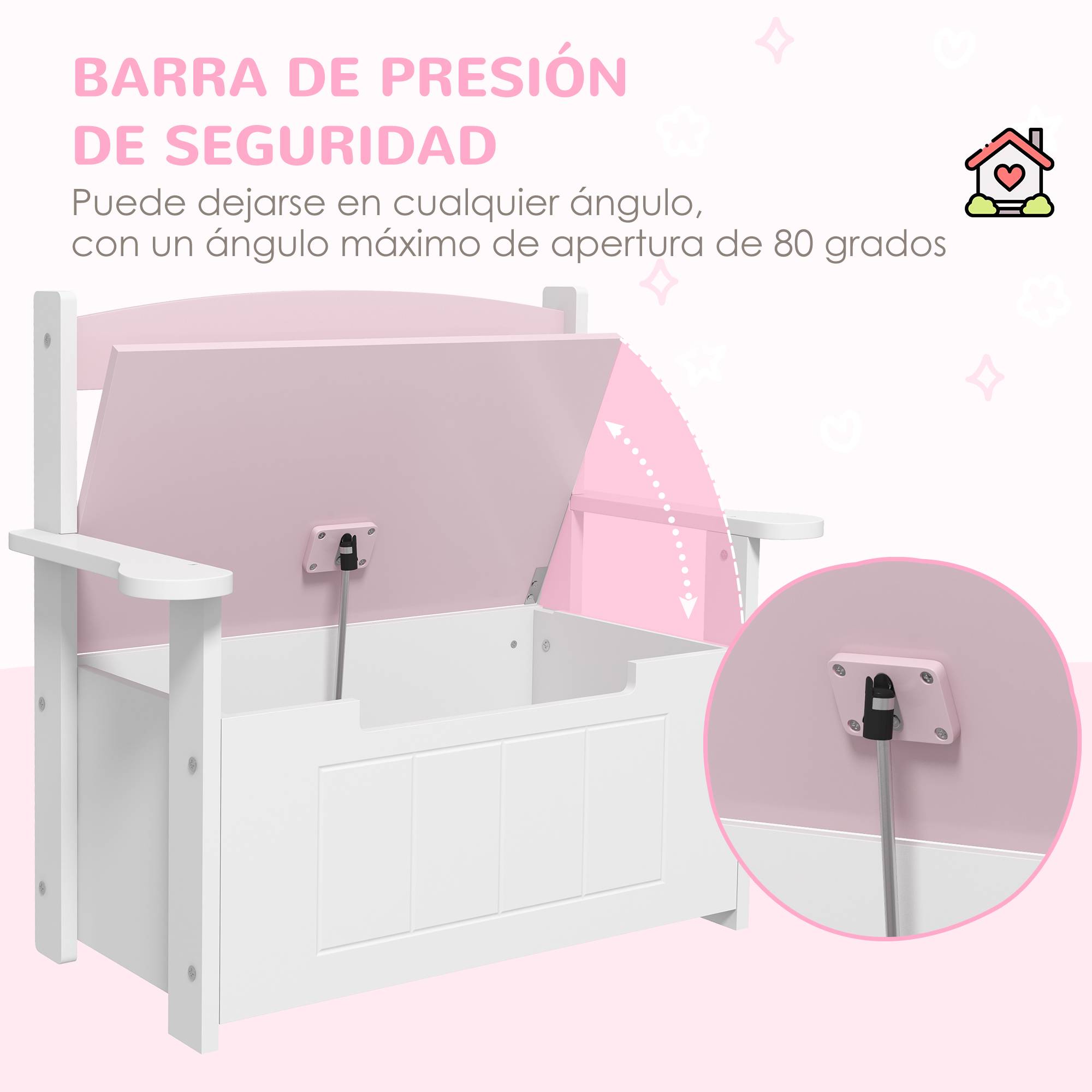 Banc coffre rose et blanc avec dossier couvercle amorti charge 30 kg salle de jeu 68,5 × 34 × 58 cm - Image 8
