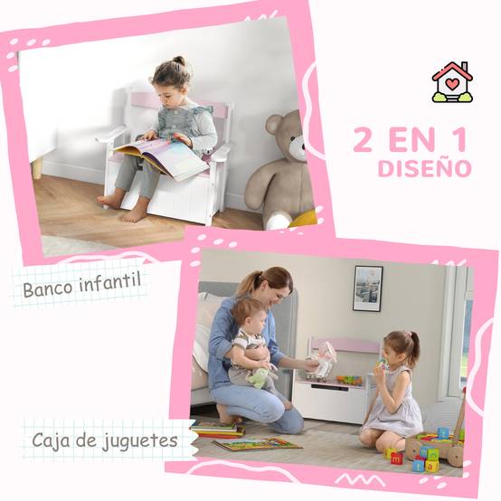 Banc coffre rose et blanc avec dossier couvercle amorti charge 30 kg salle de jeu 68,5 × 34 × 58 cm - Image 6