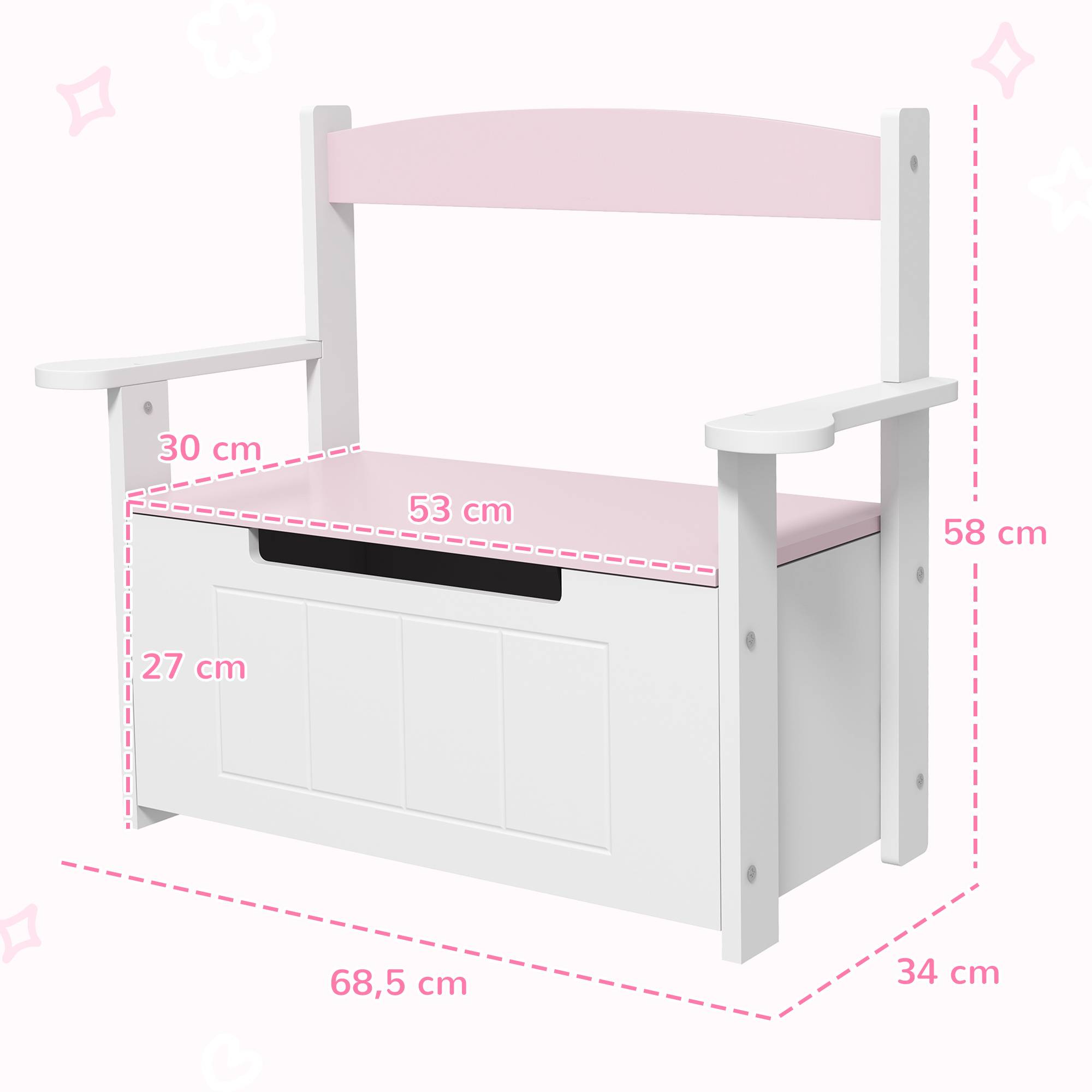Banc coffre rose et blanc avec dossier couvercle amorti charge 30 kg salle de jeu 68,5 × 34 × 58 cm - Image 5