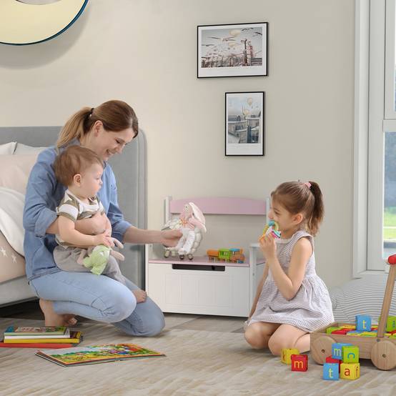 Banc coffre rose et blanc avec dossier couvercle amorti charge 30 kg salle de jeu 68,5 × 34 × 58 cm - Image 4