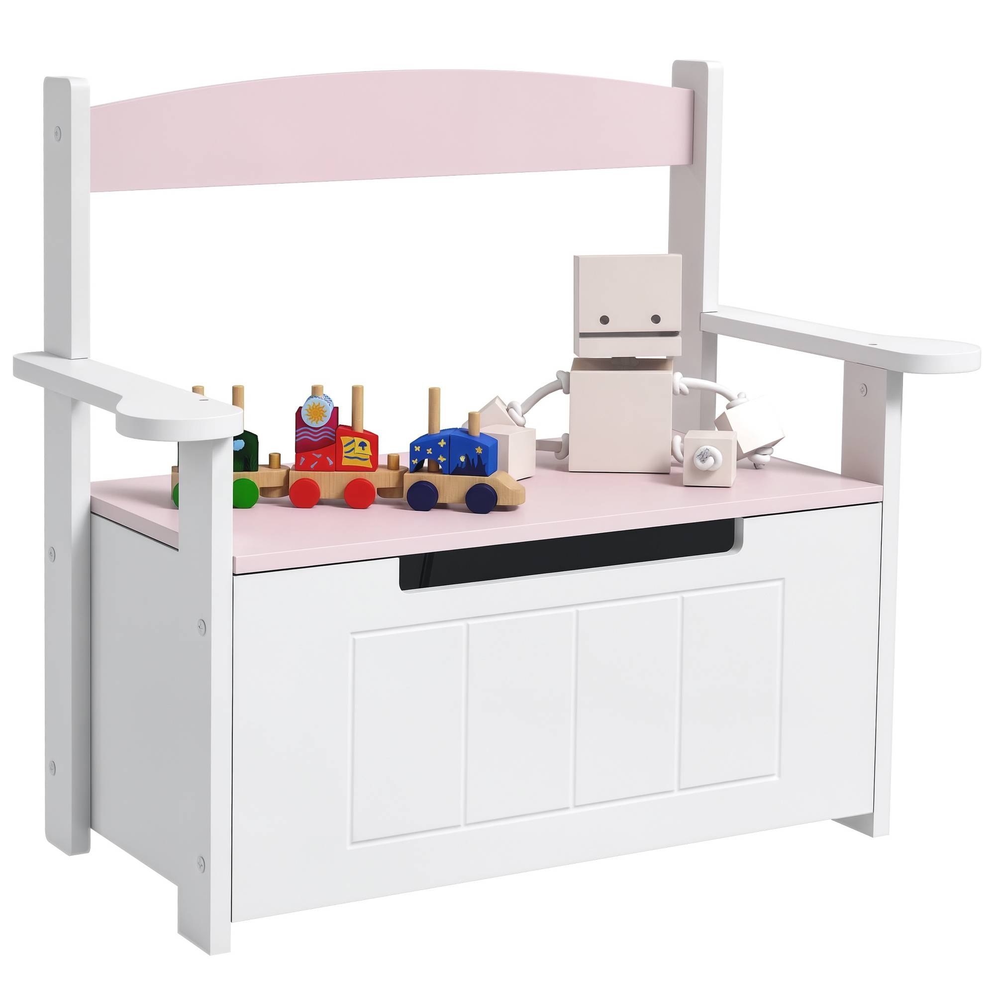 Banc coffre rose et blanc avec dossier couvercle amorti charge 30 kg salle de jeu 68,5 × 34 × 58 cm