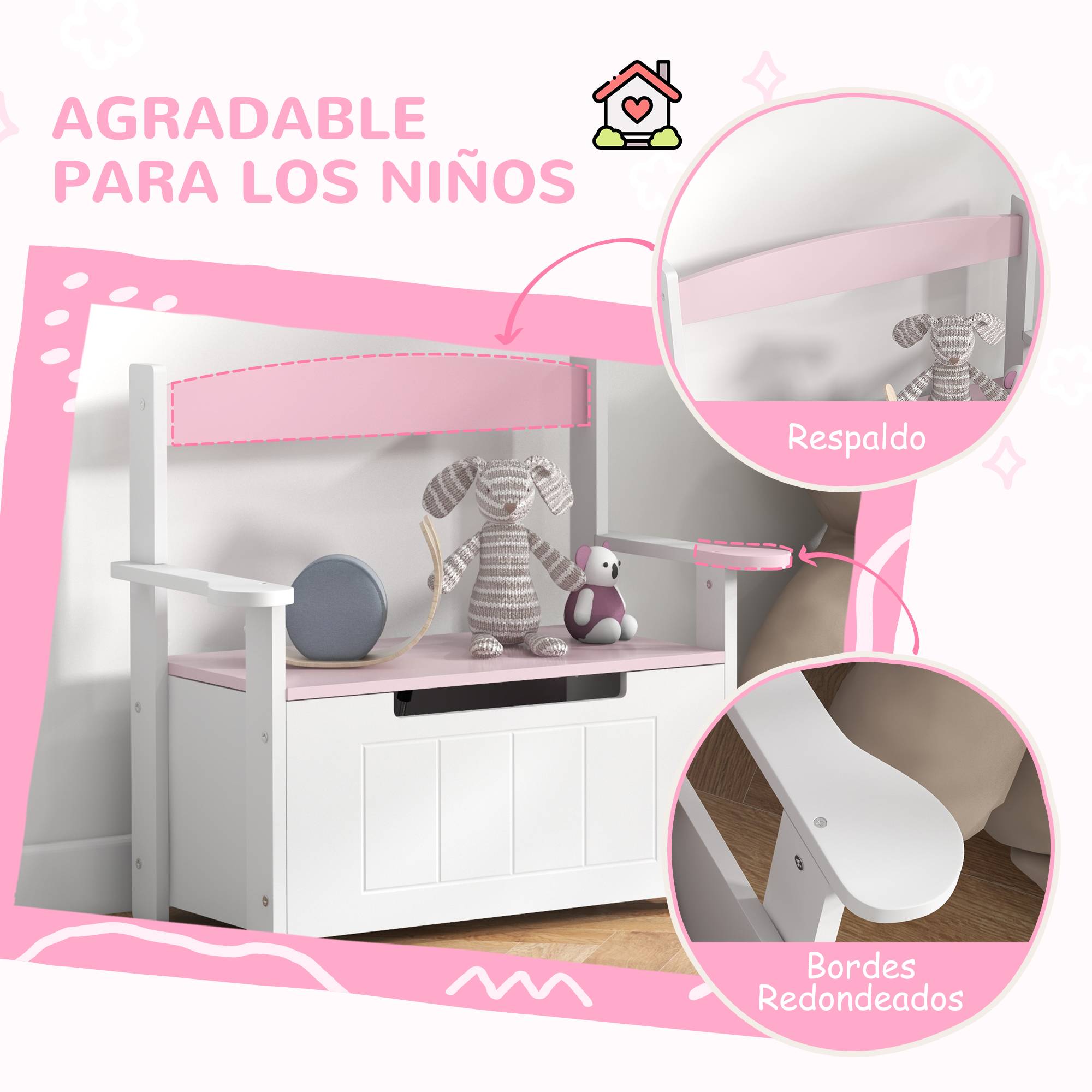 Banc coffre rose et blanc avec dossier couvercle amorti charge 30 kg salle de jeu 68,5 × 34 × 58 cm - Image 7