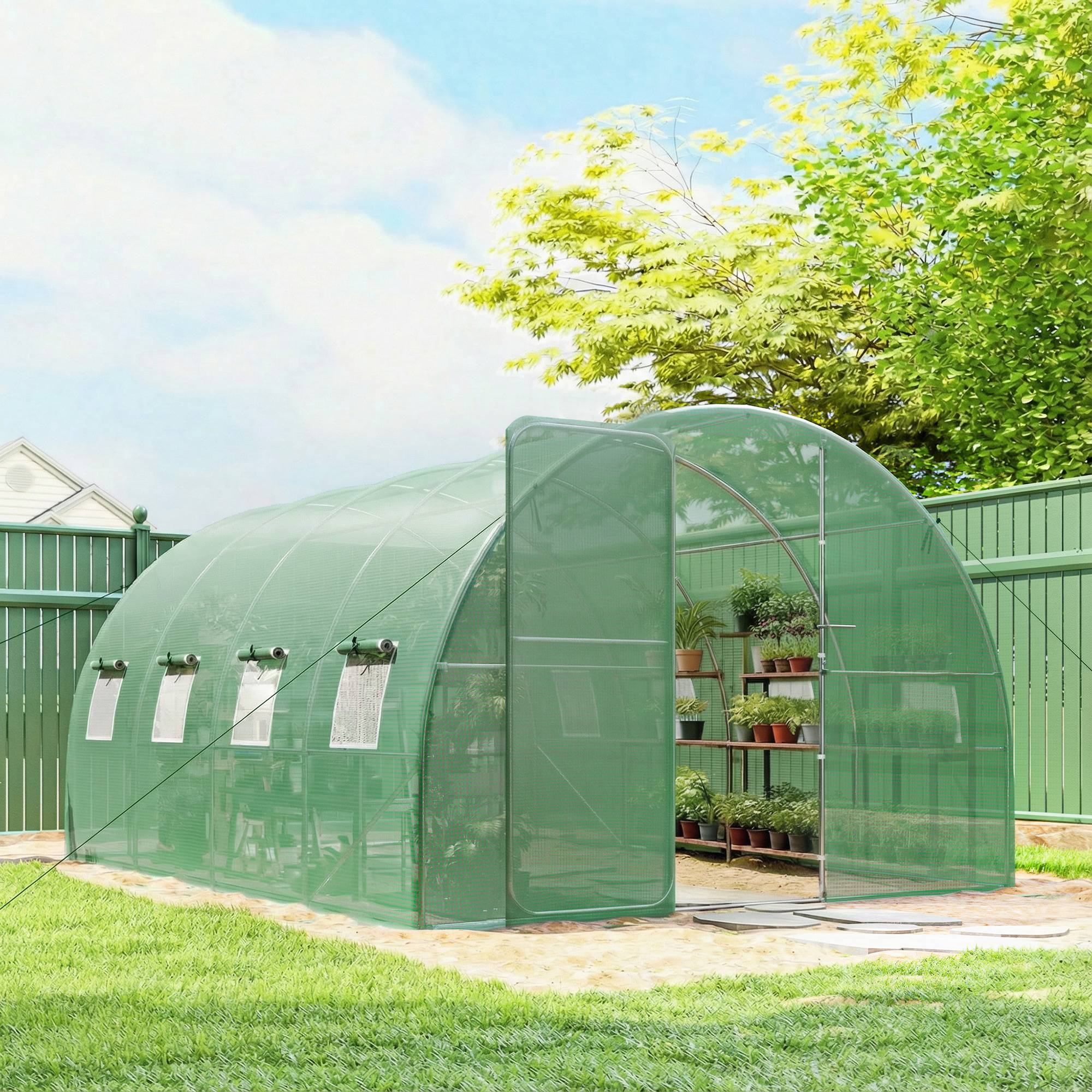 Sans Marque - Serre tunnel de jardin 12m², serre de jardin tunnel 295x400x200cm porte et 8 fenêtres, bâche PE 140 g/m² vert - Image 4
