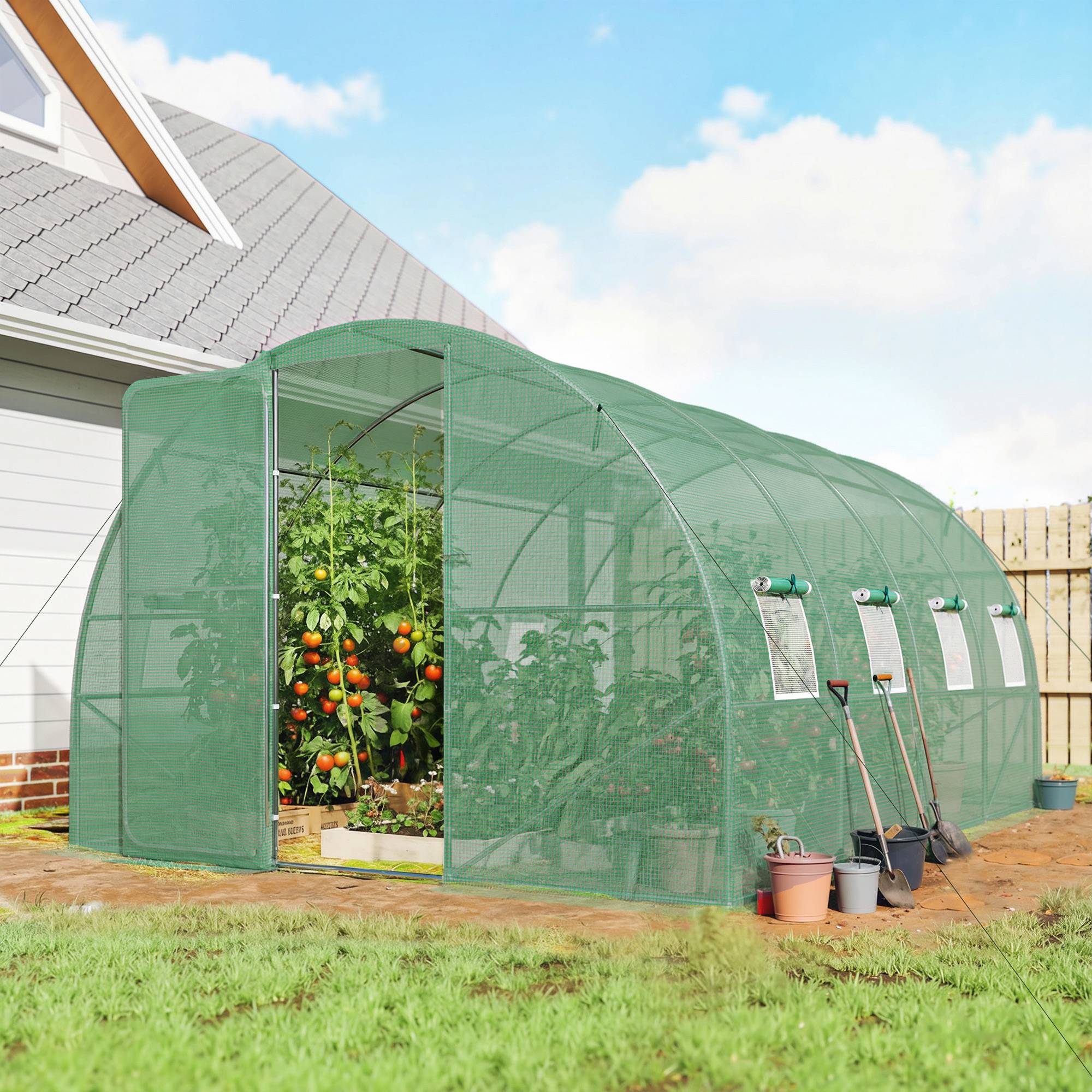Sans Marque - Serre tunnel de jardin 12m², serre de jardin tunnel 295x400x200cm porte et 8 fenêtres, bâche PE 140 g/m² vert - Image 3