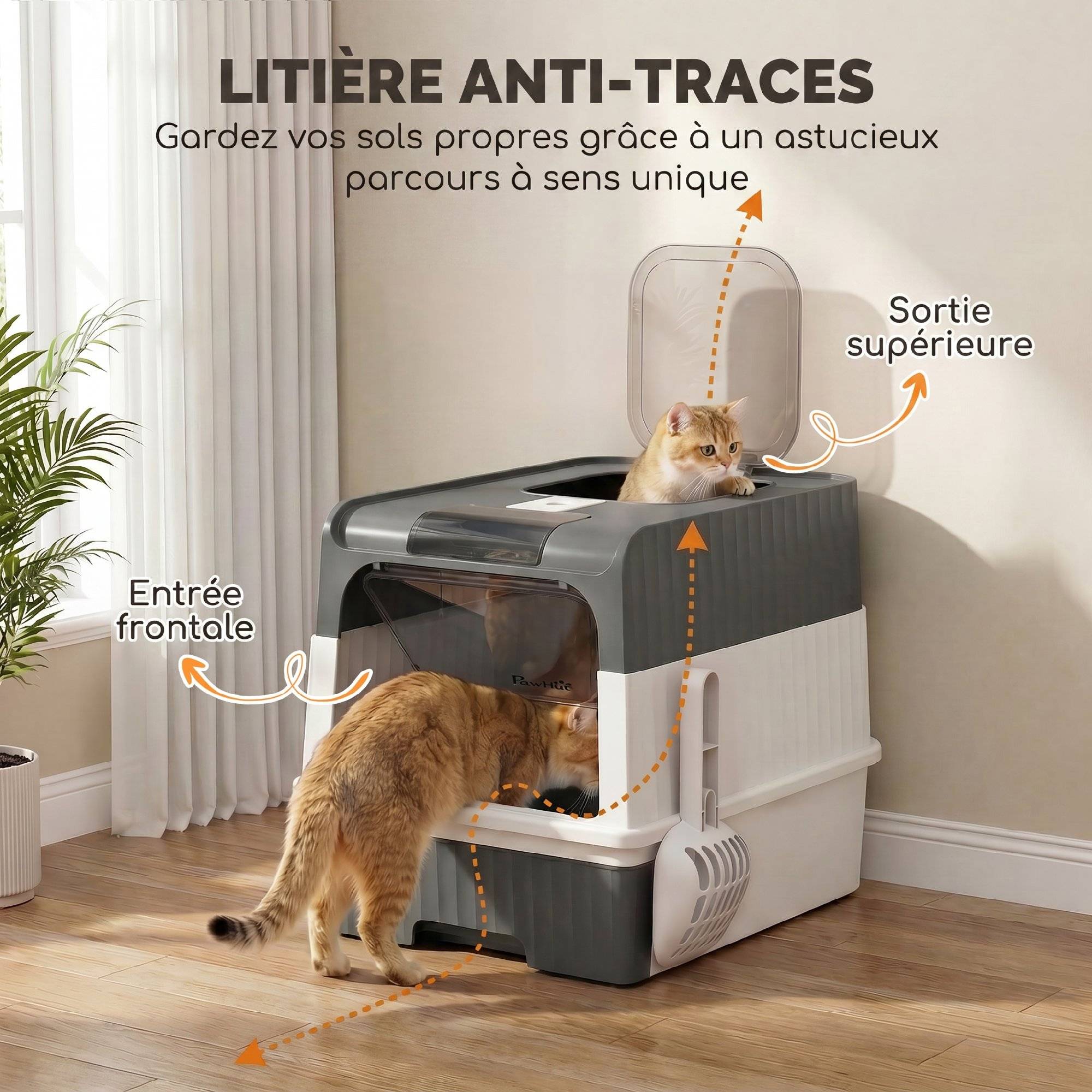 Sans Marque - Maison de Toilette pour Chat avec Couvercle, Entrées, Plateau Coulissant, Pelle, Sachets Désodorisants, 48x35x36cm, Gris - Image 5