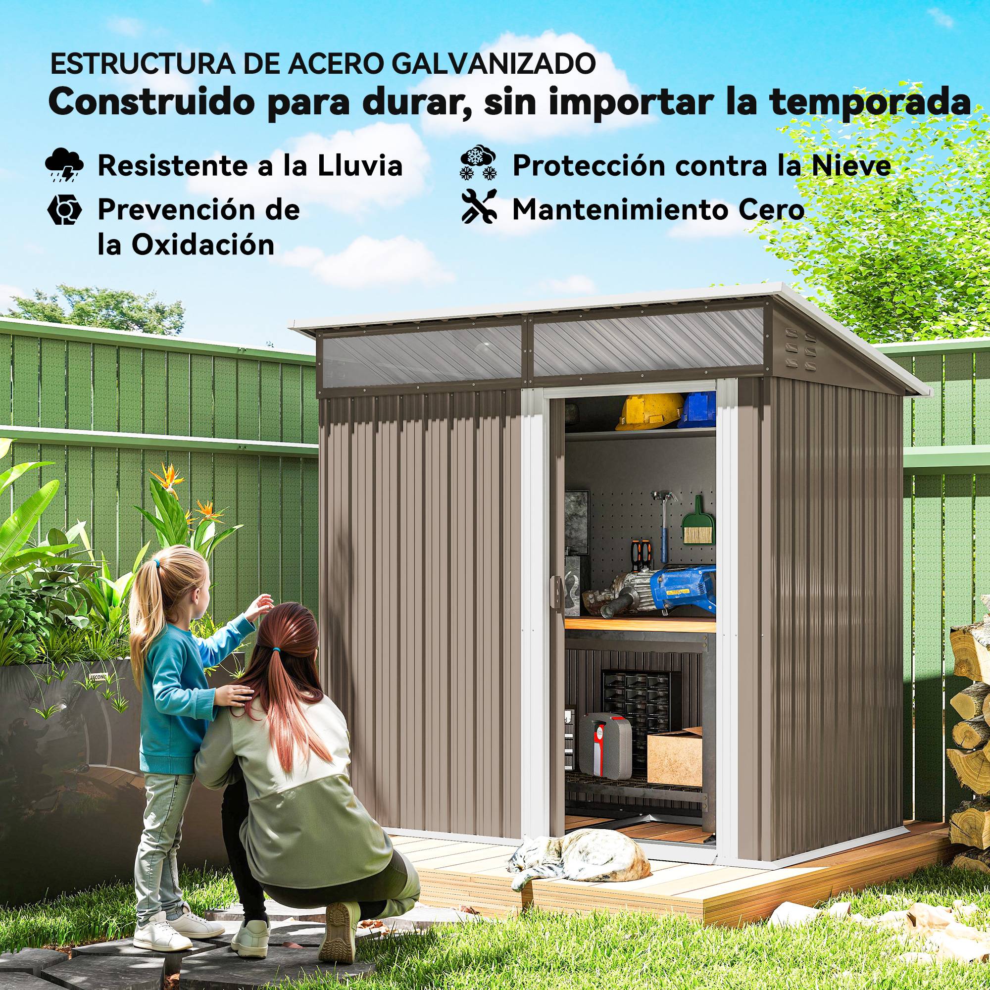 Abri de jardin acier galvanisé rangement extérieur porte coulissante 195x122cm marron - ComfortXL Outdoor Living - Image 5