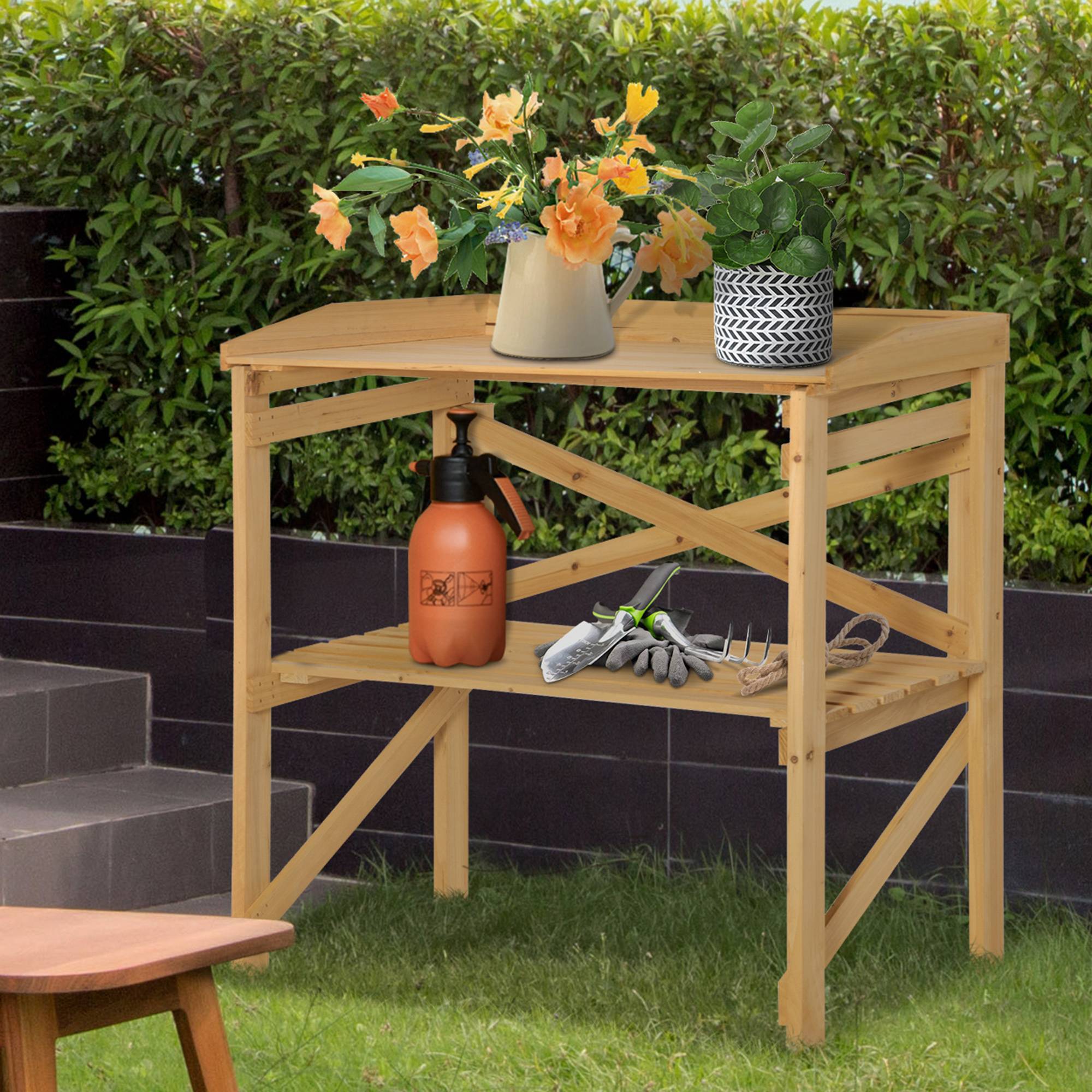 ComfortXL - Table de rempotage bois de sapin 80 x 40 x 84 cm marron jardin avec étagère de rangement pour semis et plantes - Image 1