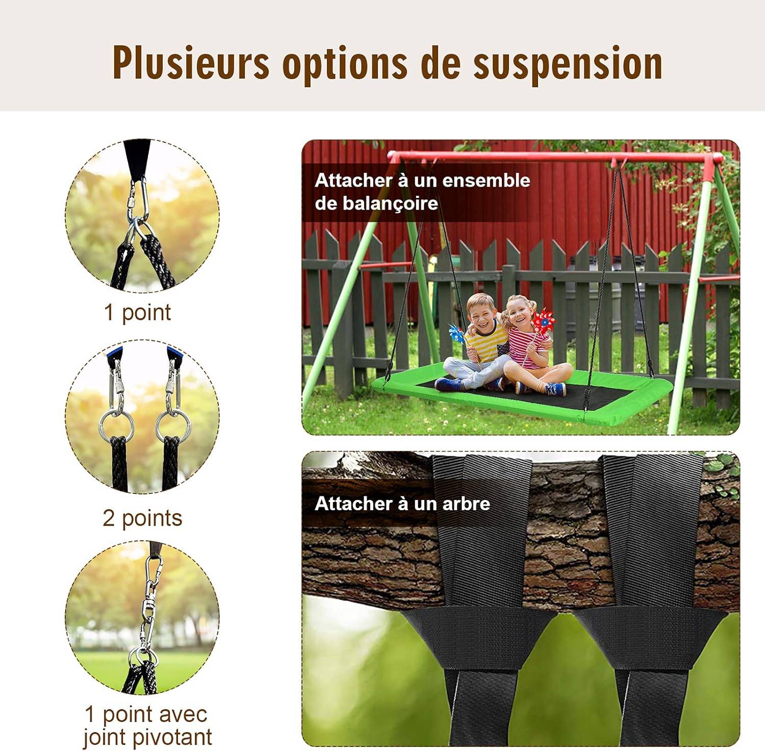 Balançoire nid en plate-forme avec cordes de suspension hauteur réglable 100-180cm 150 kg - Image 2