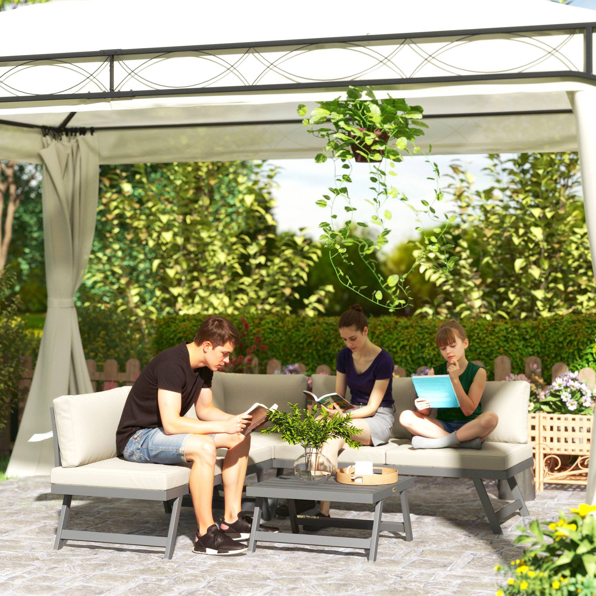 Ensemble salon de jardin d'angle et convertible 4 pièces | Mobilier de jardin Beige Polyester 115x61x65 cm - Image 3