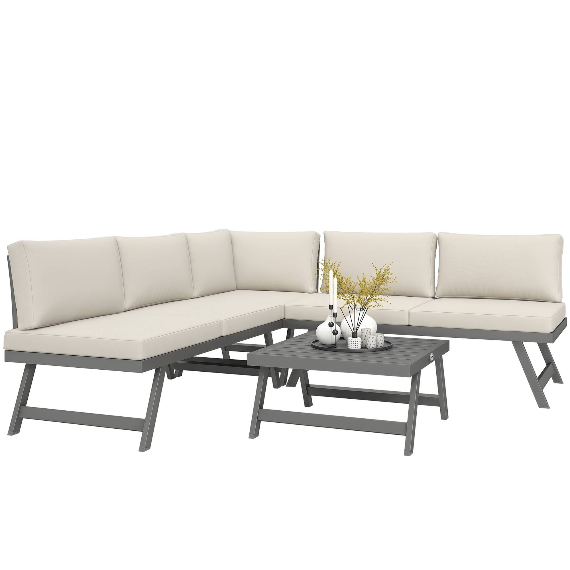 Ensemble salon de jardin d'angle et convertible 4 pièces | Mobilier de jardin Beige Polyester 115x61x65 cm - Image 1