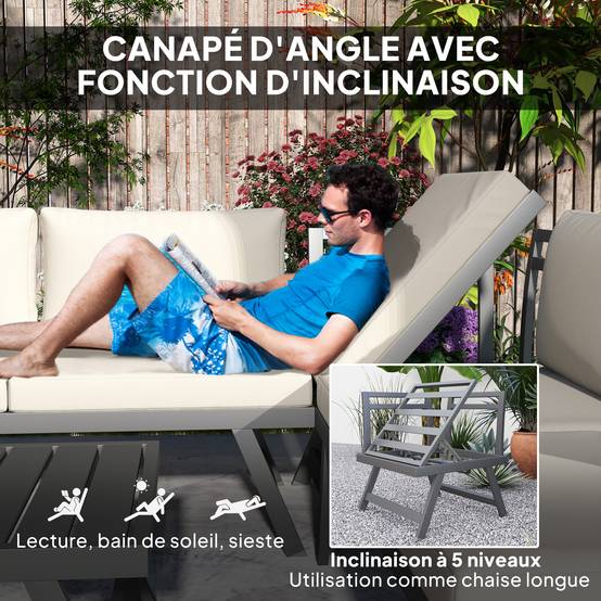 Ensemble salon de jardin d'angle et convertible 4 pièces | Mobilier de jardin Beige Polyester 115x61x65 cm - Image 8