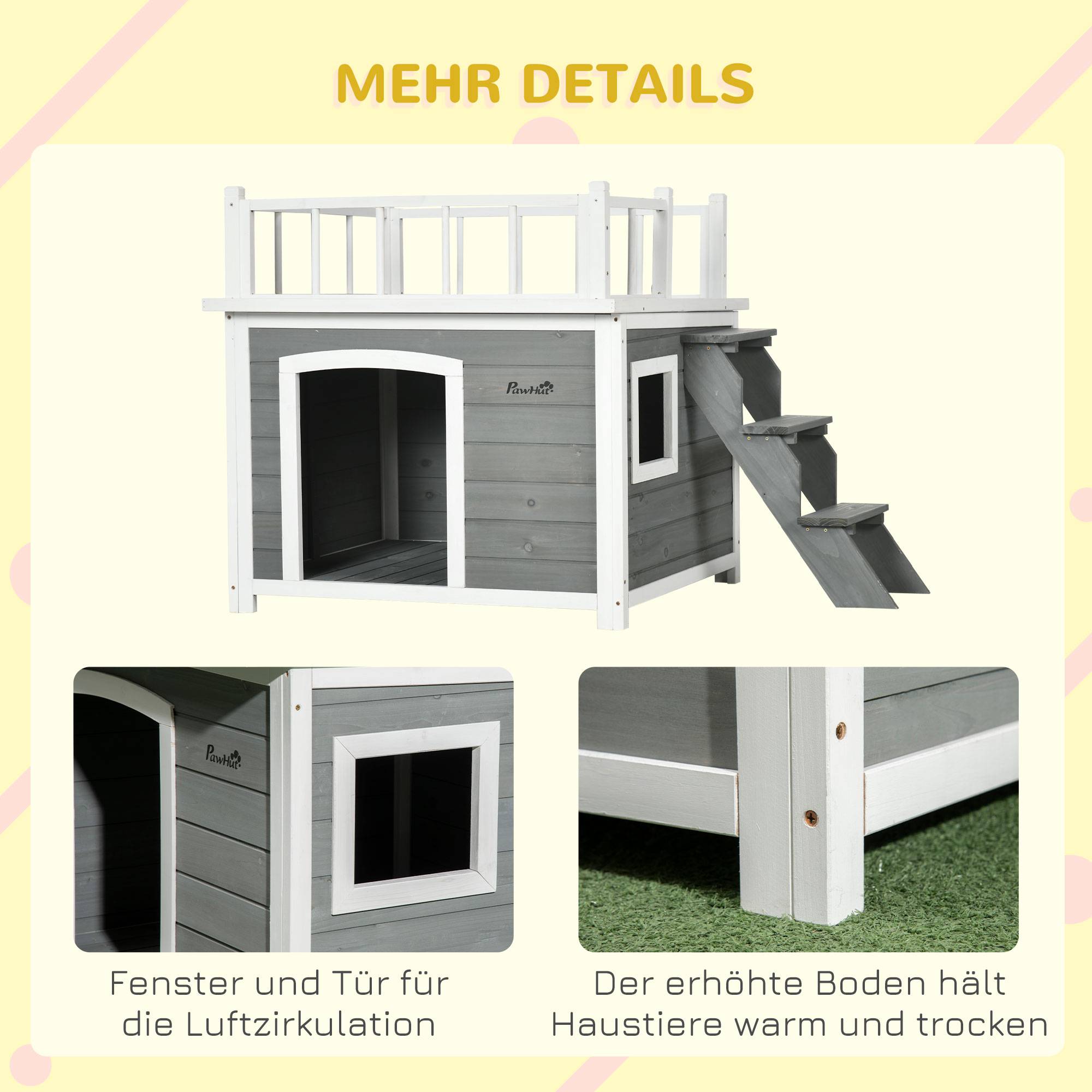 Niche chien avec terrasse sur toit,escalier,fenêtre,sol surélevé,bois naturel gris clair,121x77x78cm - Image 9