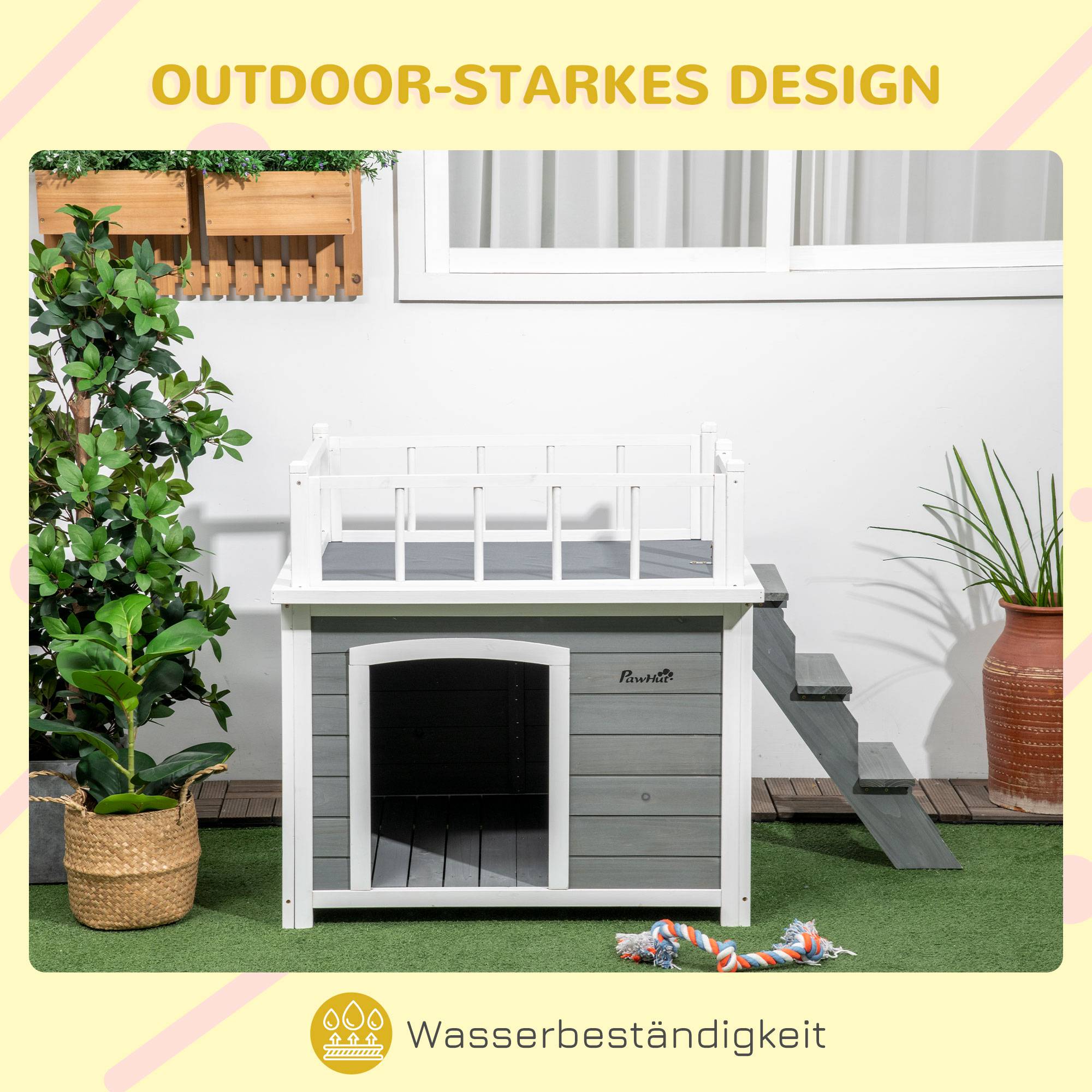 Niche chien avec terrasse sur toit,escalier,fenêtre,sol surélevé,bois naturel gris clair,121x77x78cm - Image 8