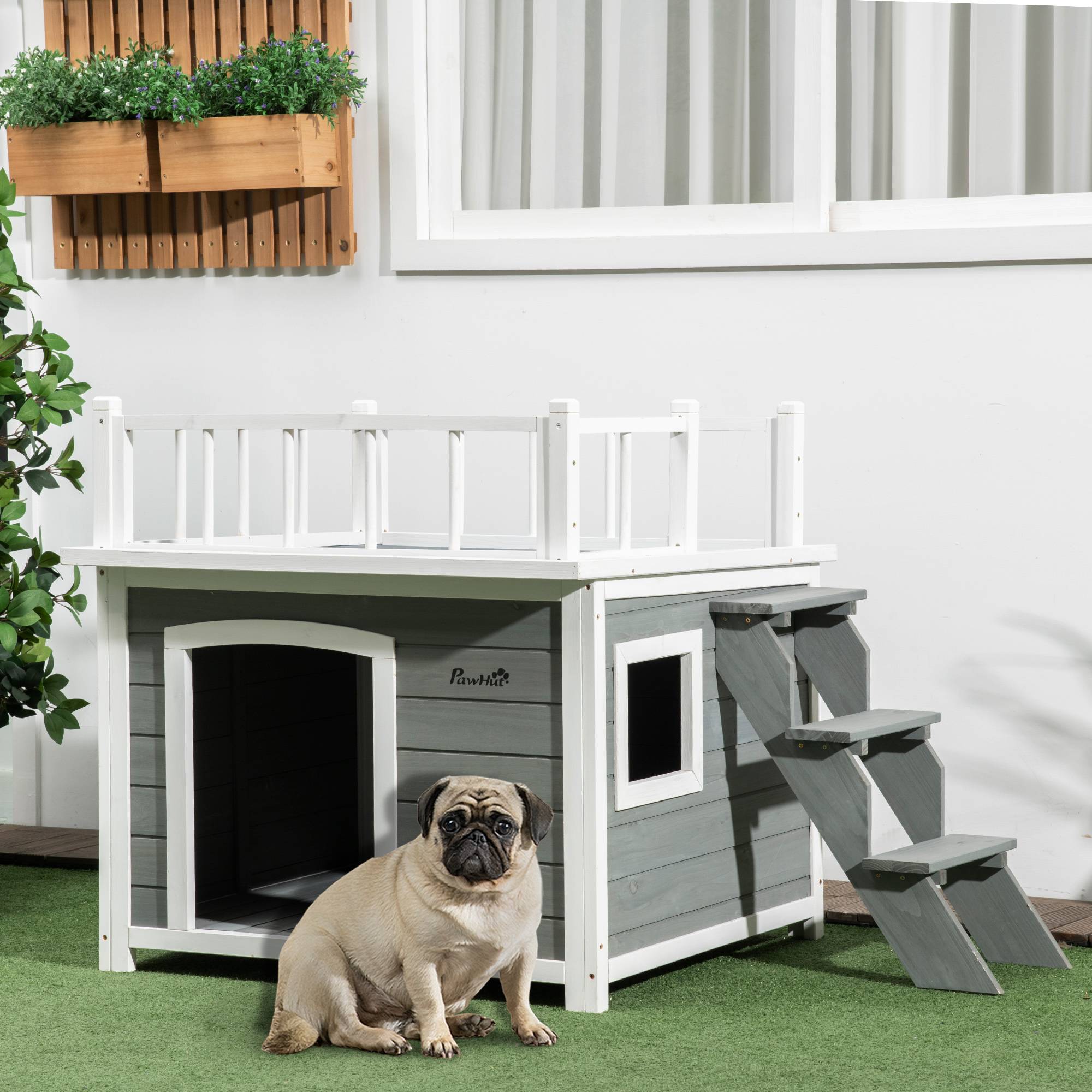 Niche chien avec terrasse sur toit,escalier,fenêtre,sol surélevé,bois naturel gris clair,121x77x78cm - Image 4