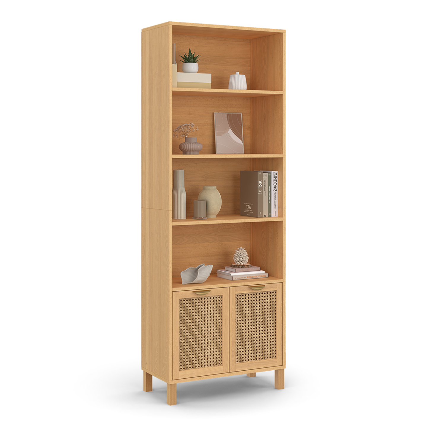 Etagère bibliothèque 4 niveaux avec placard EDHEN cannage et bois - Image 2