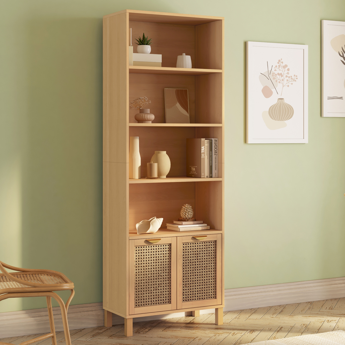 Etagère bibliothèque 4 niveaux avec placard EDHEN cannage et bois - Image 1