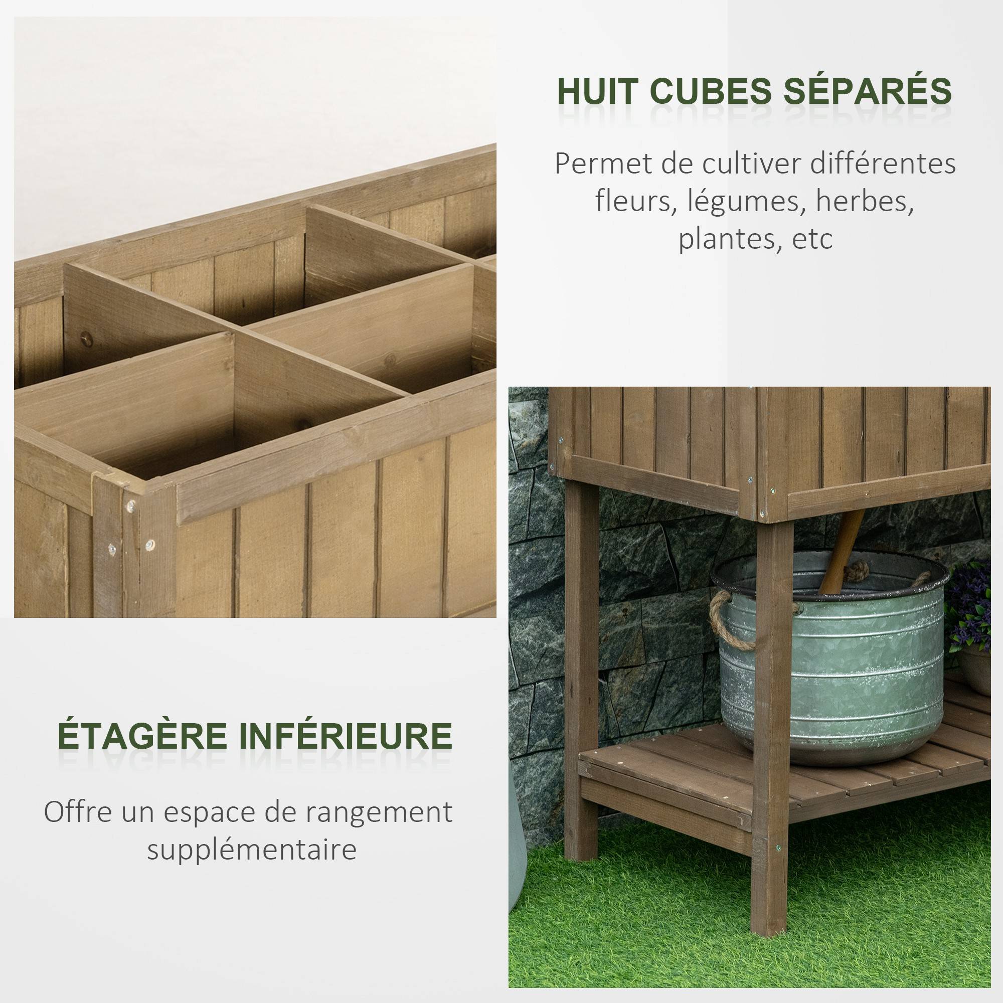 Jardinière sur Pieds carré Potager étagère dim. 110L x 46l x 76H cm 8 Compartiments Inserts d'irrigation Bois de Sapin - Image 6
