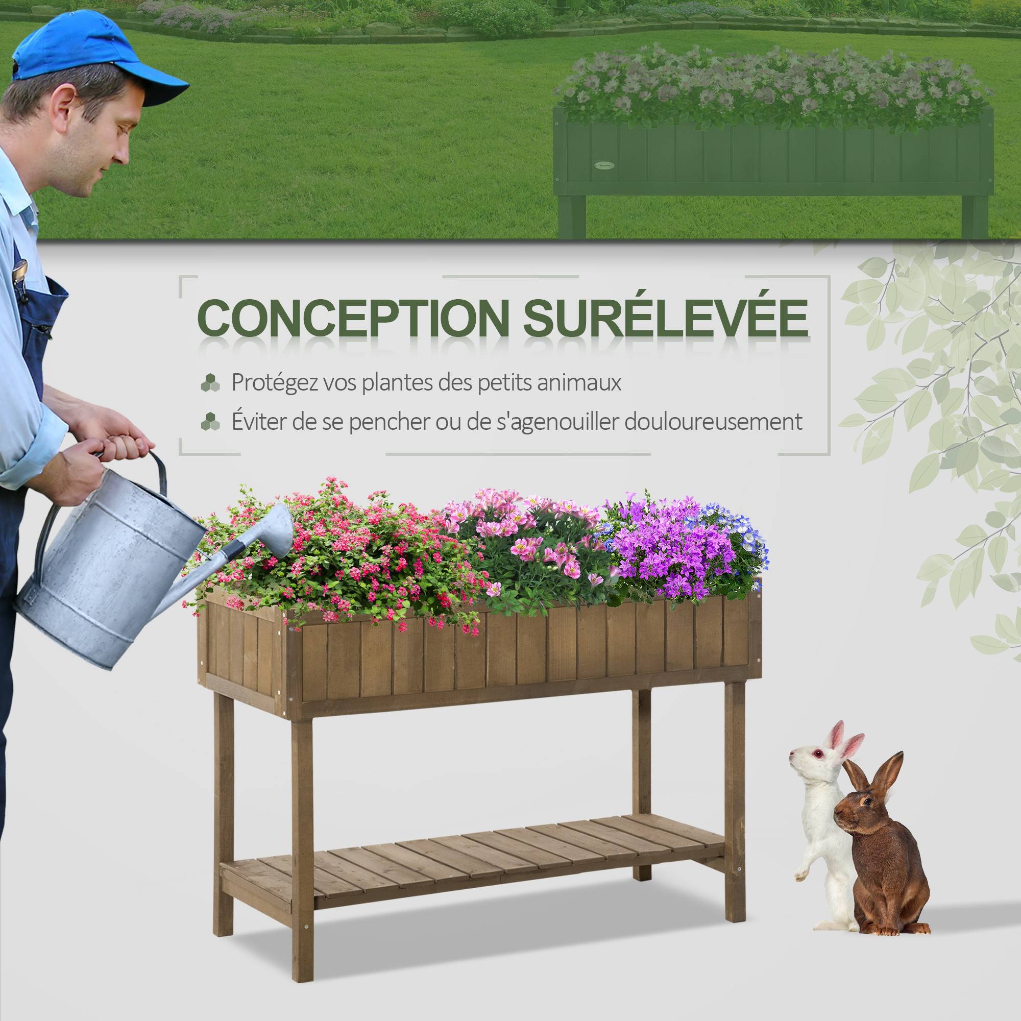 Jardinière sur Pieds carré Potager étagère dim. 110L x 46l x 76H cm 8 Compartiments Inserts d'irrigation Bois de Sapin - Image 8