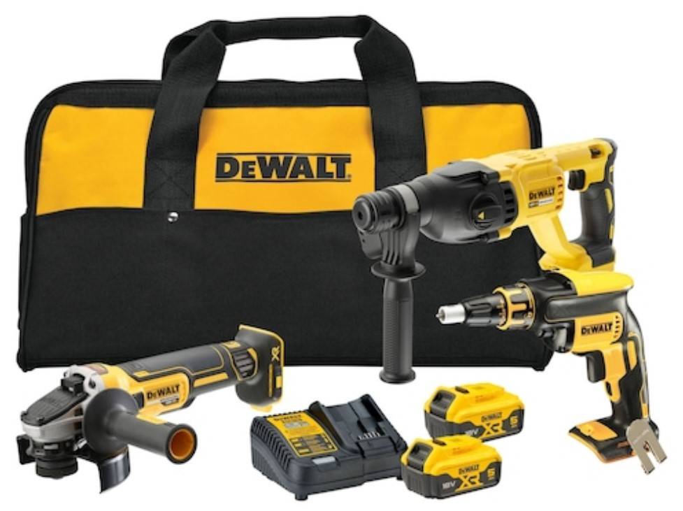 Kit 3 outils XR 18V 5Ah brushless DEWALT Tournevis DCF620 + Marteau perforateur DCH133 + Meuleuse d'angle DCG405 - DCK304P2-QW - Image 1